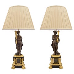 Antique Pair of French 19th Century Renaissance Style Patinated Bronze and Ormolu Lamps