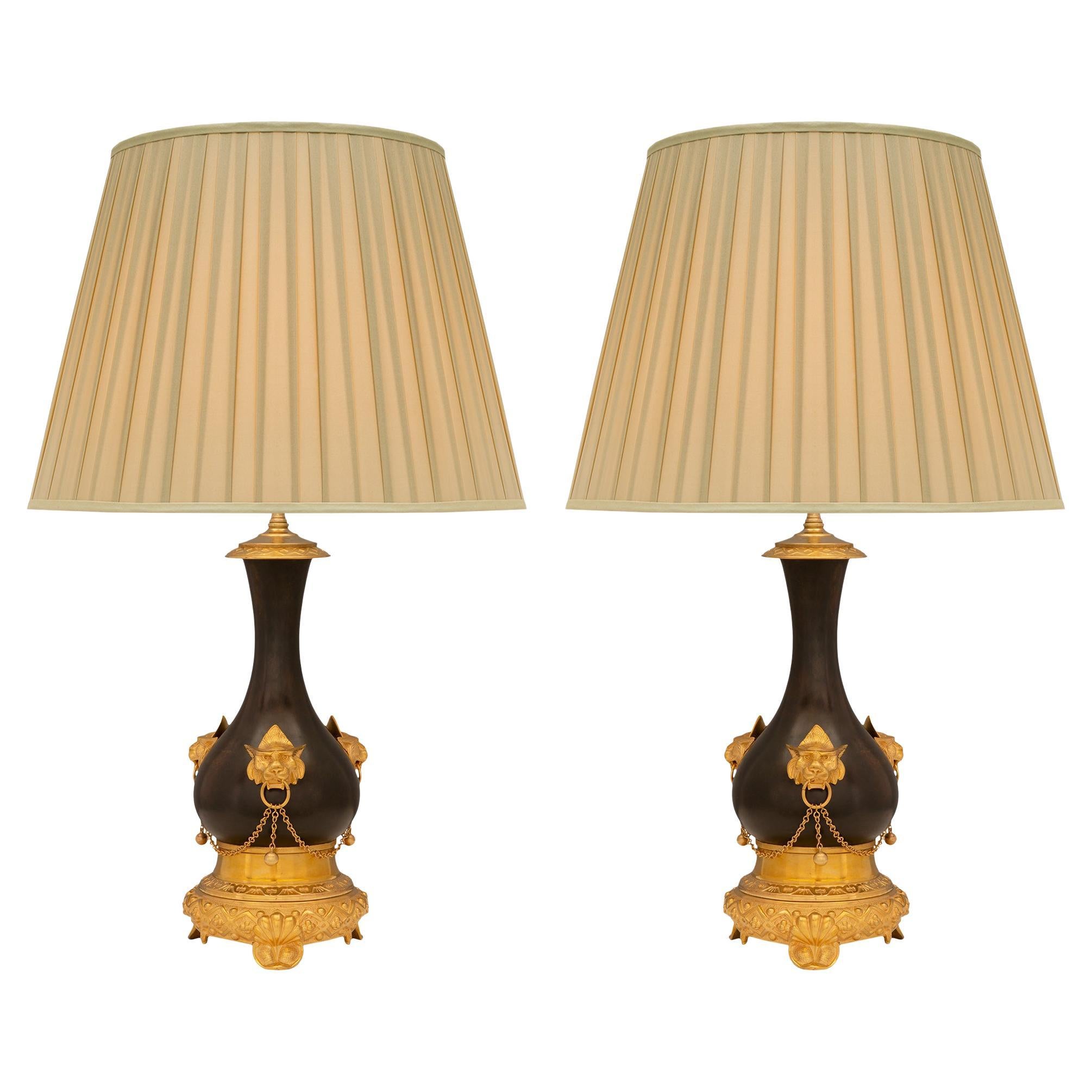 Pair of French 19th Century Renaissance Style Patinated Bronze and Ormolu Lamps