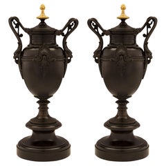 Antique Pair of French 19th Century Renaissance Style Patinated Bronze and Ormolu Urns