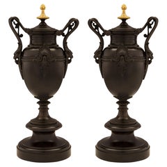 Paire d'urnes françaises de style Renaissance du XIXe siècle en bronze patiné et bronze doré