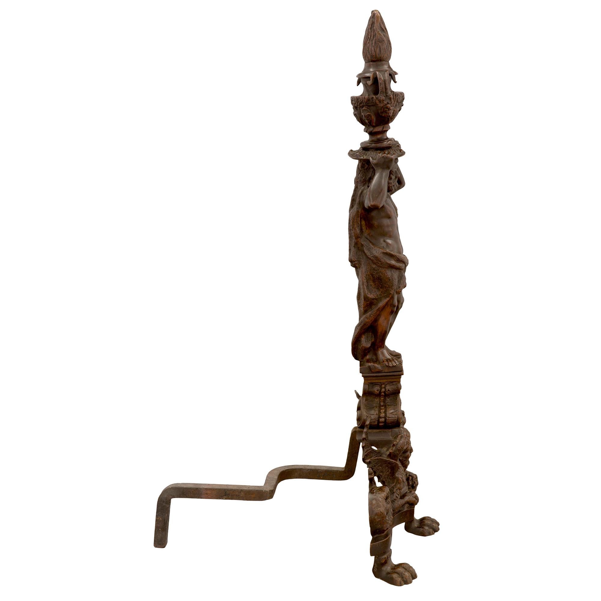 Pair of French 19th Century Renaissance Style Patinated Bronze Andirons In Good Condition For Sale In West Palm Beach, FL