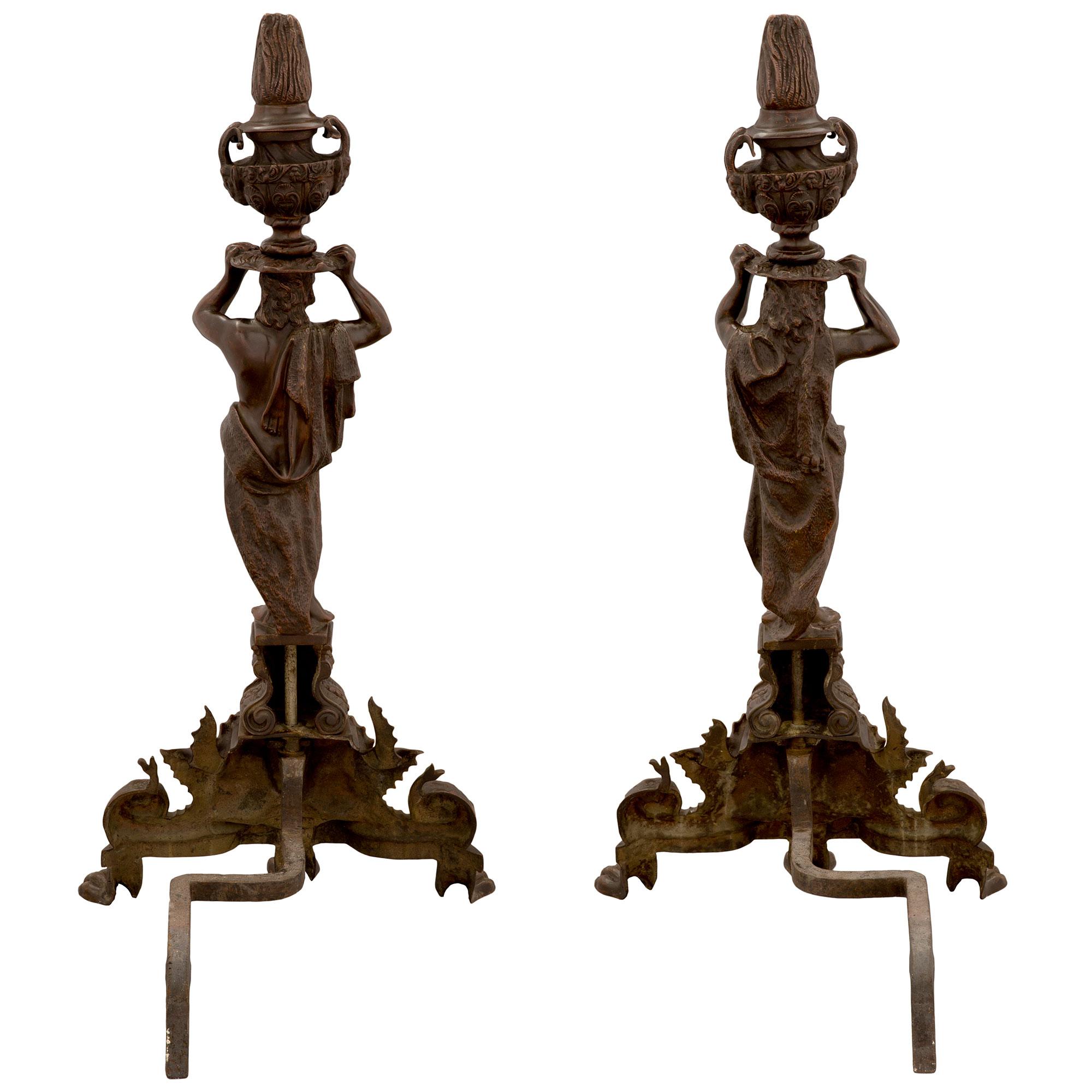 Pair of French 19th Century Renaissance Style Patinated Bronze Andirons For Sale 1