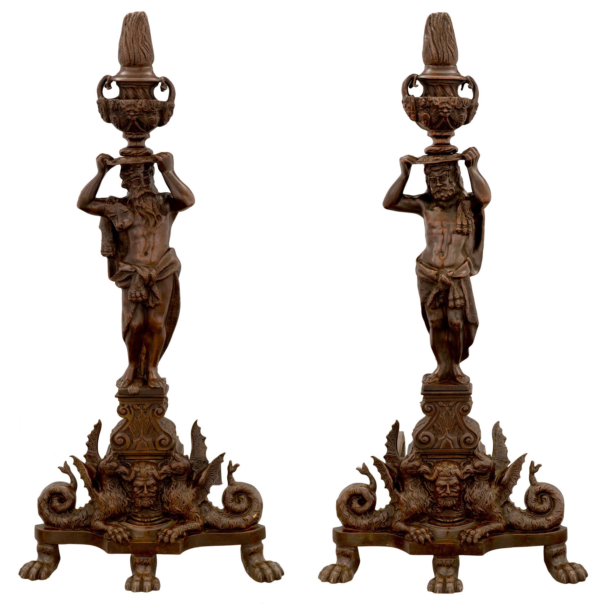 Pair of French 19th Century Renaissance Style Patinated Bronze Andirons For Sale