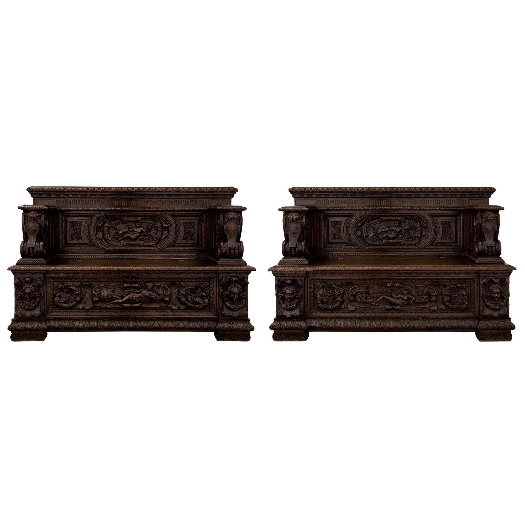 Pair of French 19th Century Renaissance Style Patinated Dark Oak Benches For Sale