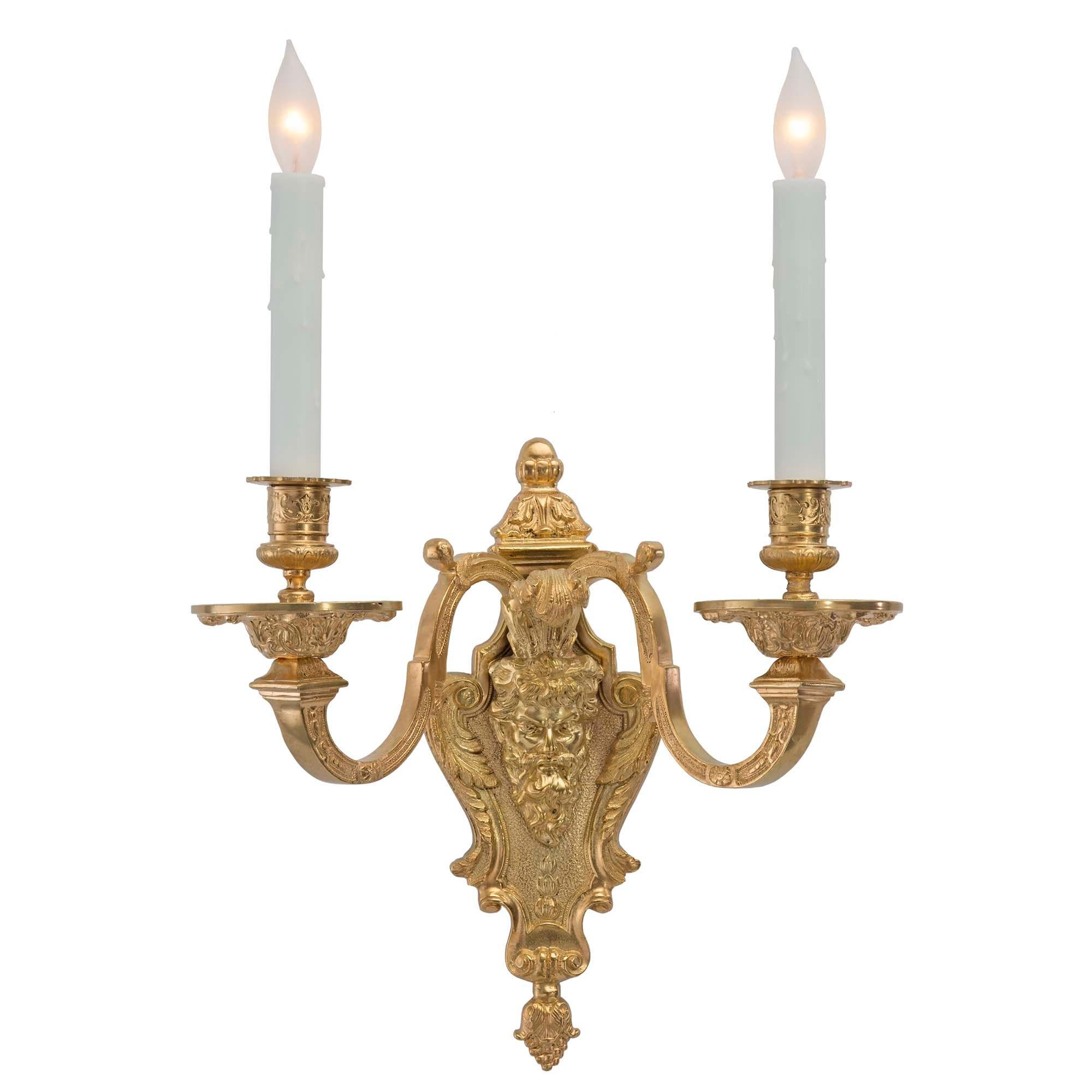 Pair of French 19th Century Renaissance Two Arm Ormolu Sconces In Good Condition For Sale In West Palm Beach, FL