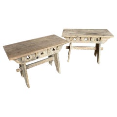 Antique Pair Of French 19th Century Rustic Low Tables - Benches