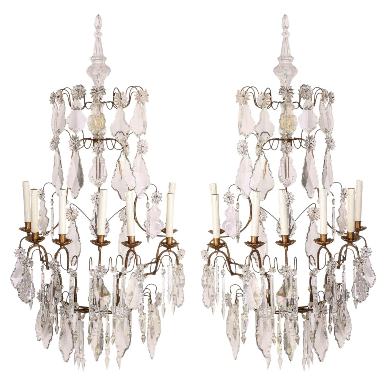 Pair of French 19th Century Seven Branch Cut-Crystal Appliques or Wall Lights