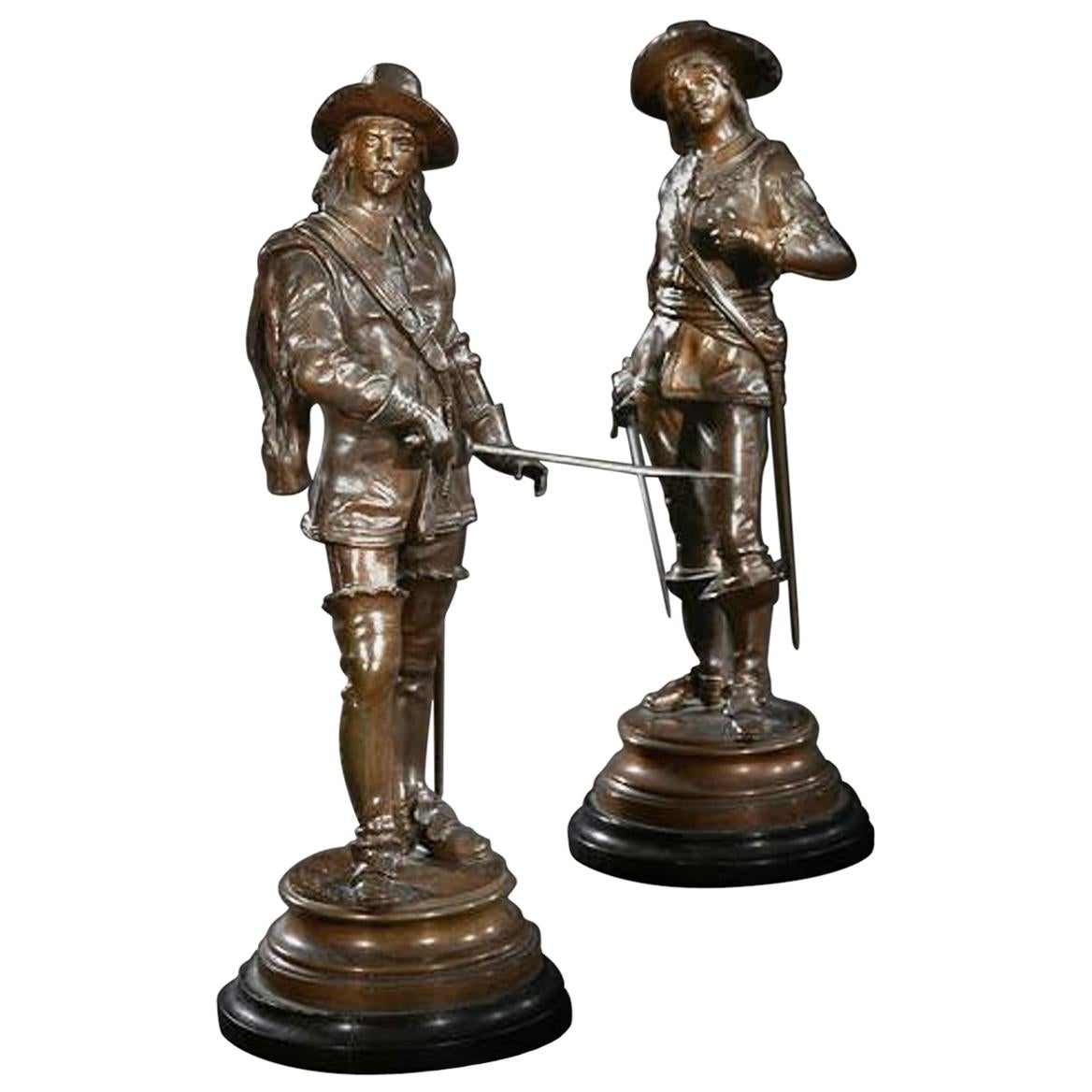 Pair of French 19th Century Signed Bronze Cavaliers For Sale