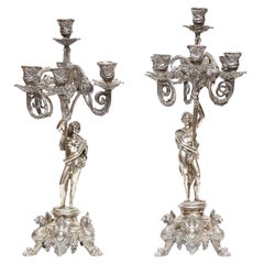 Antique Pair of French 19th Century Silverplated Bronze Figural Candelabras