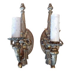 Antique Pair of French 19th Century Small Bronze Single Light Sconces