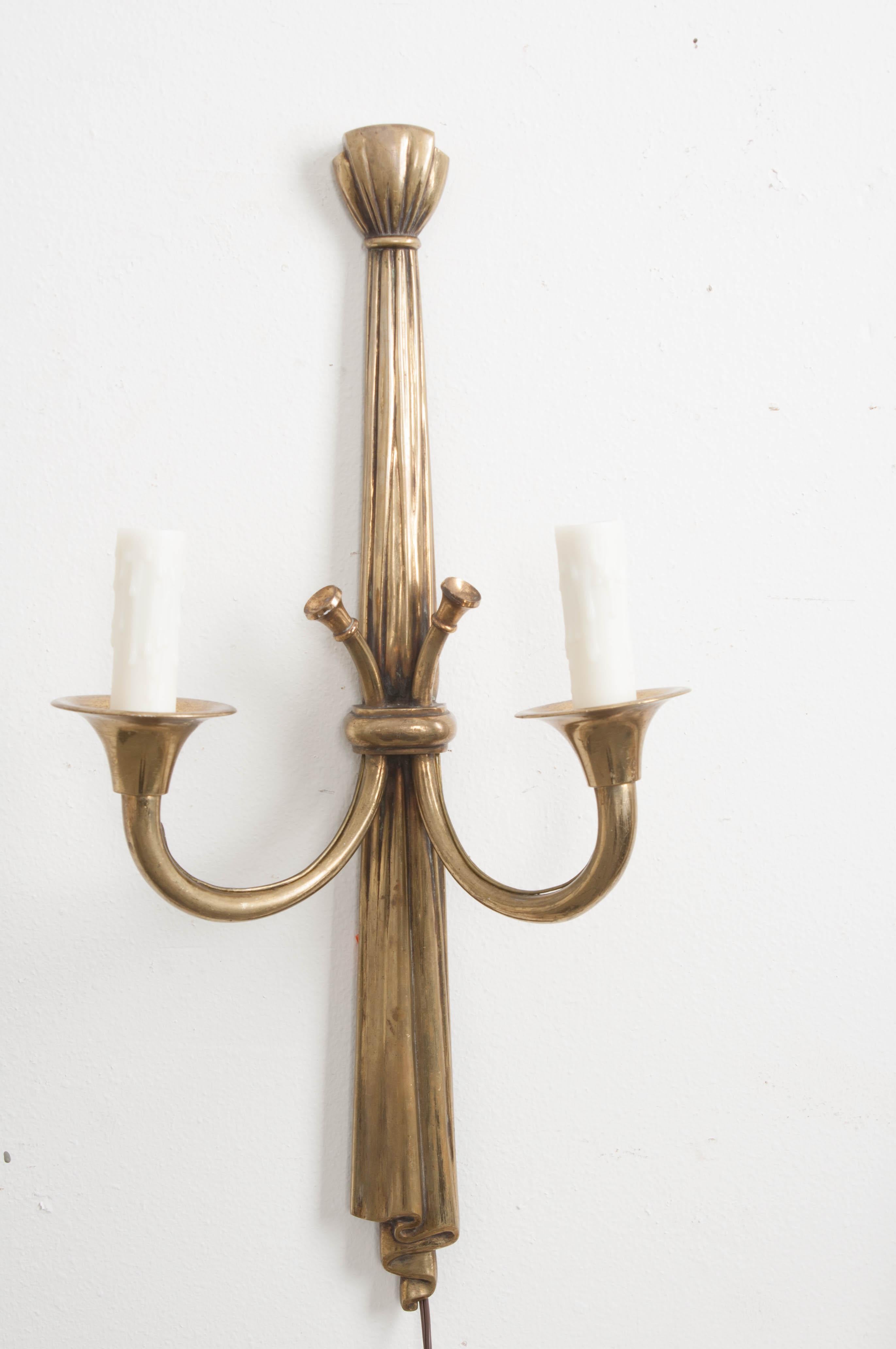 Pair of French 19th Century Solid Brass Double-Arm Sconces 7