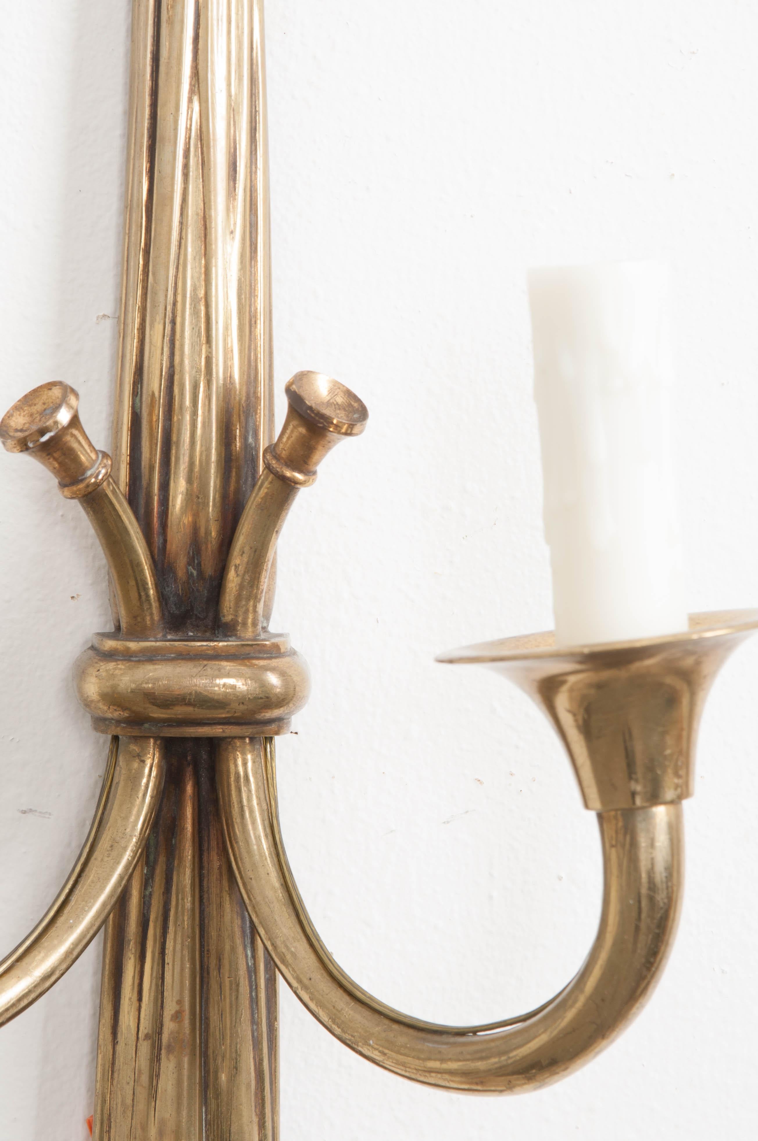 Pair of French 19th Century Solid Brass Double-Arm Sconces 8