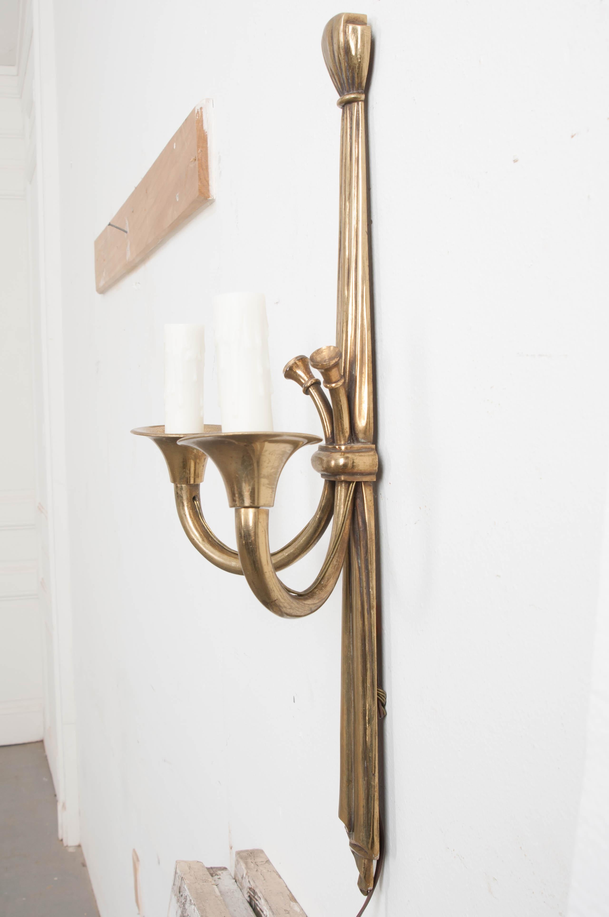 Neoclassical Pair of French 19th Century Solid Brass Double-Arm Sconces