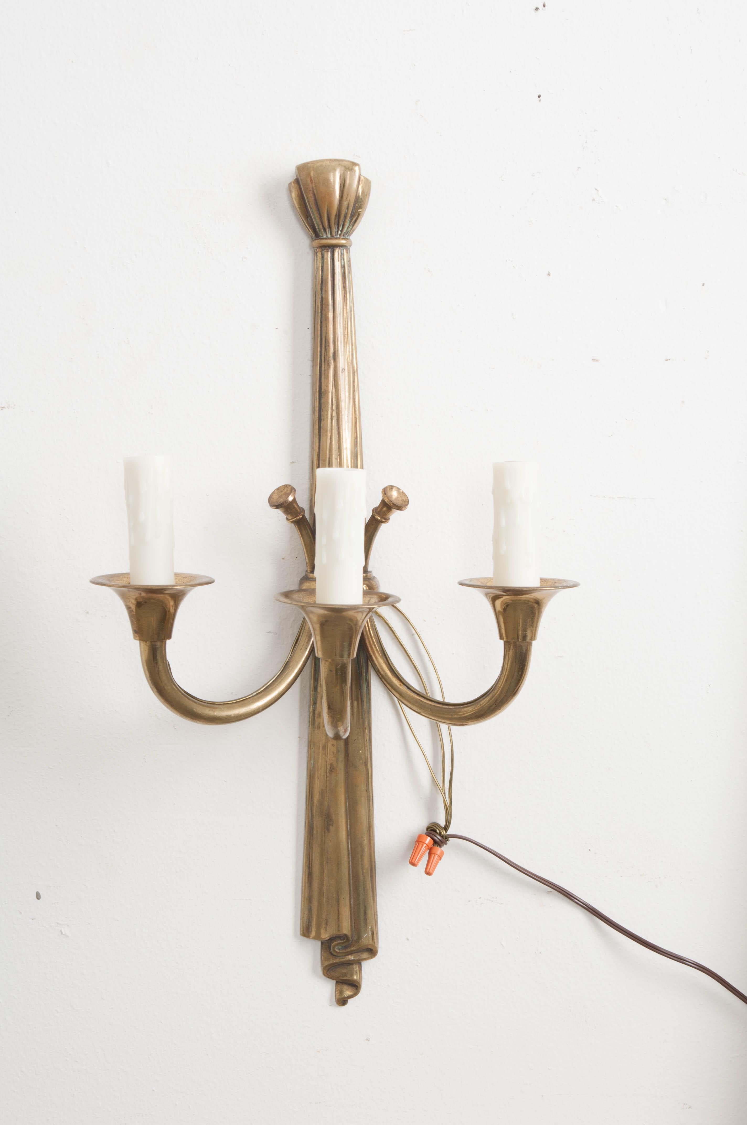 Pair of French 19th Century Solid Brass Double-Arm Sconces In Good Condition In Baton Rouge, LA