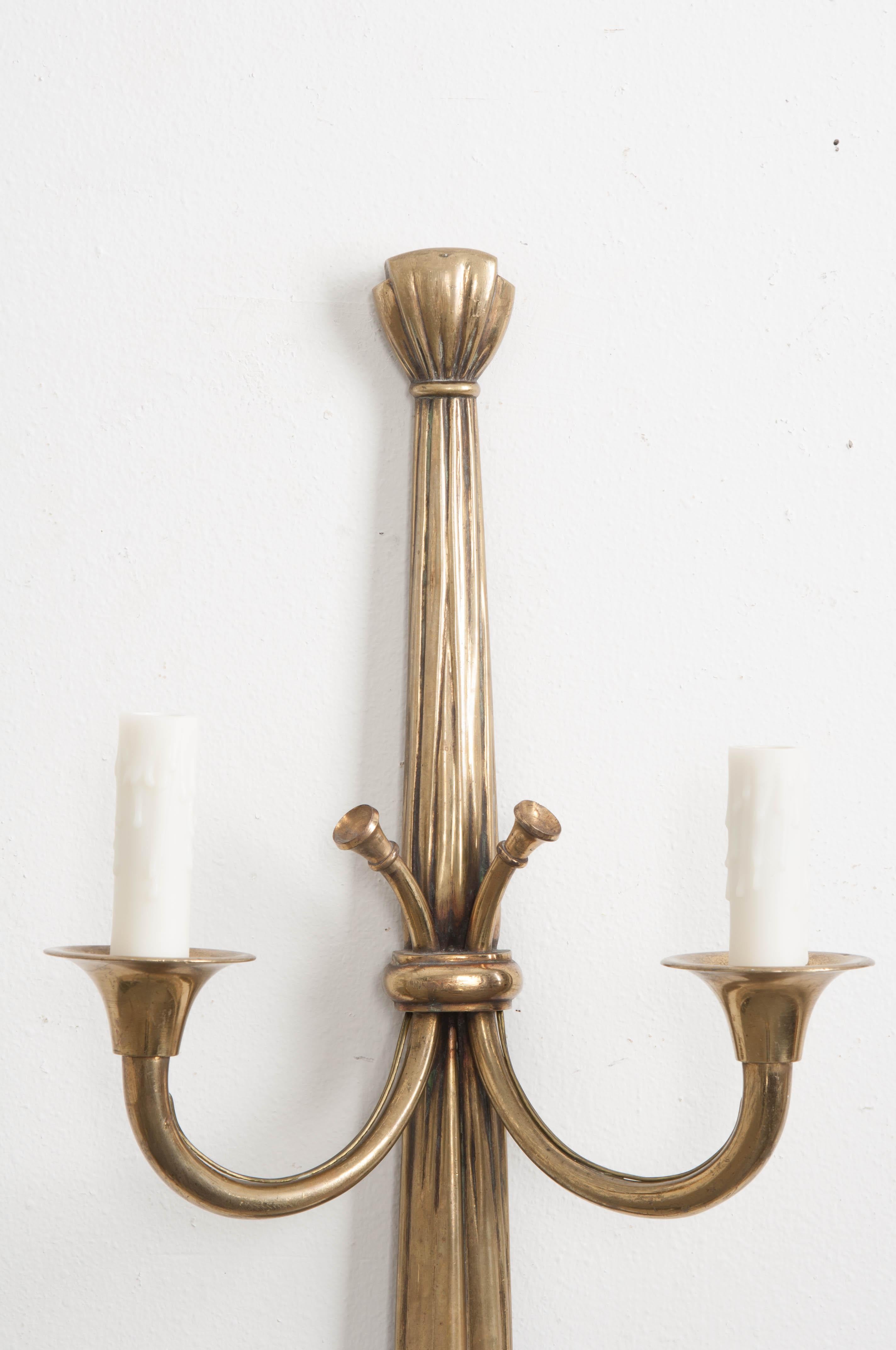Pair of French 19th Century Solid Brass Double-Arm Sconces 1