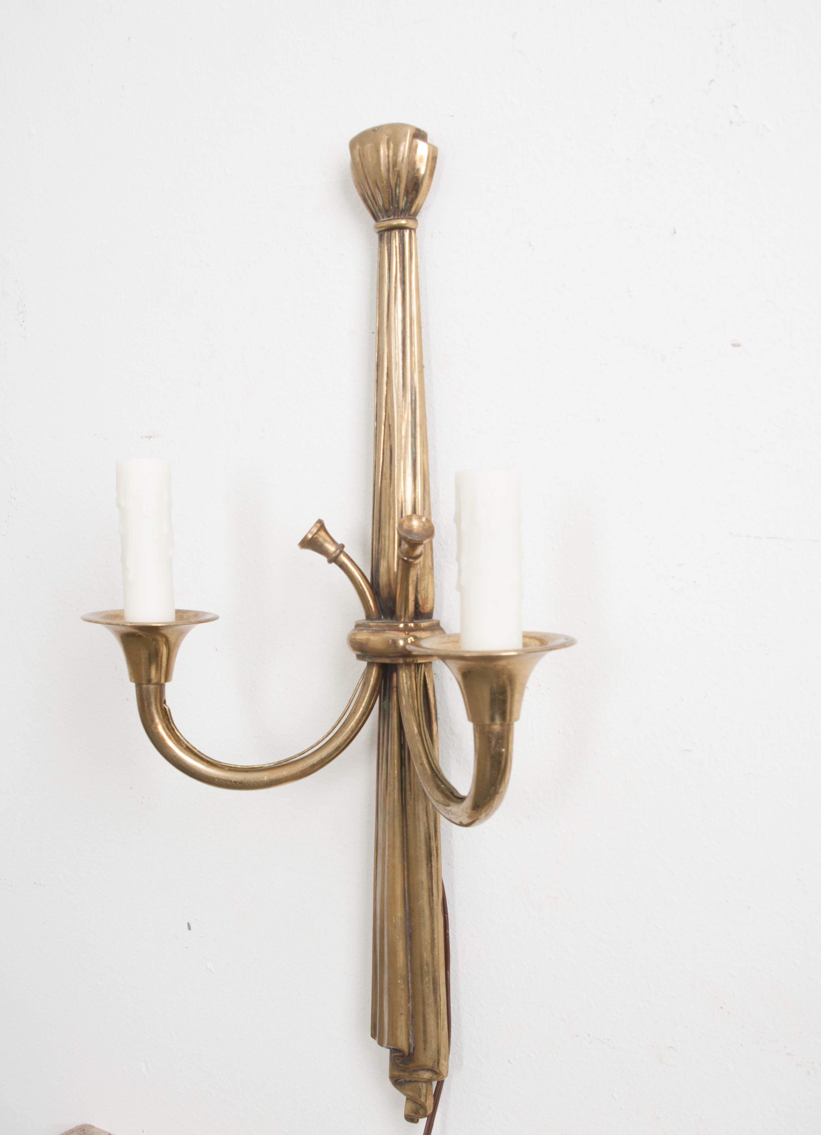 Pair of French 19th Century Solid Brass Double-Arm Sconces 3