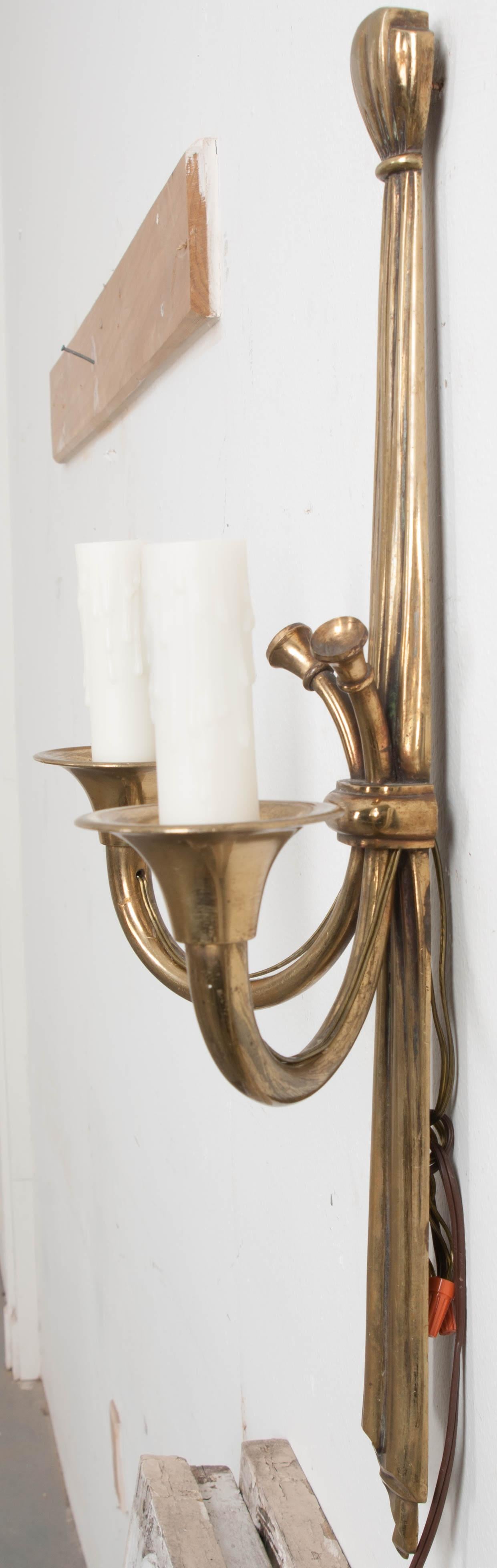 Pair of French 19th Century Solid Brass Double-Arm Sconces 4