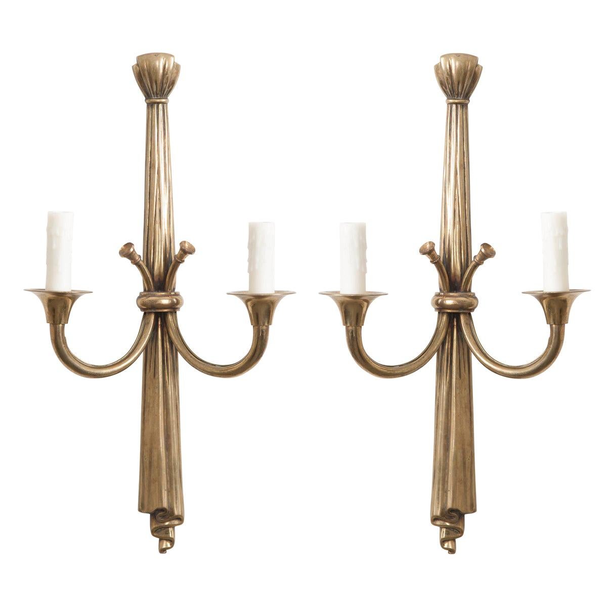 Pair of French 19th Century Solid Brass Double-Arm Sconces