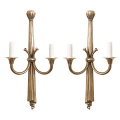 Antique Pair of French 19th Century Solid Brass Double-Arm Sconces