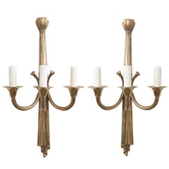 Pair of French 19th Century Solid Brass Triple-Arm Sconces