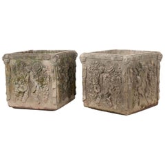 Antique Pair of French 19th Century Square Cast Stone Pots