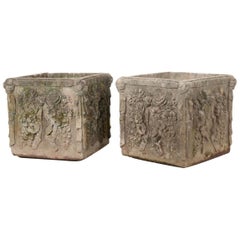 Pair of French 19th Century Square Cast Stone Pots