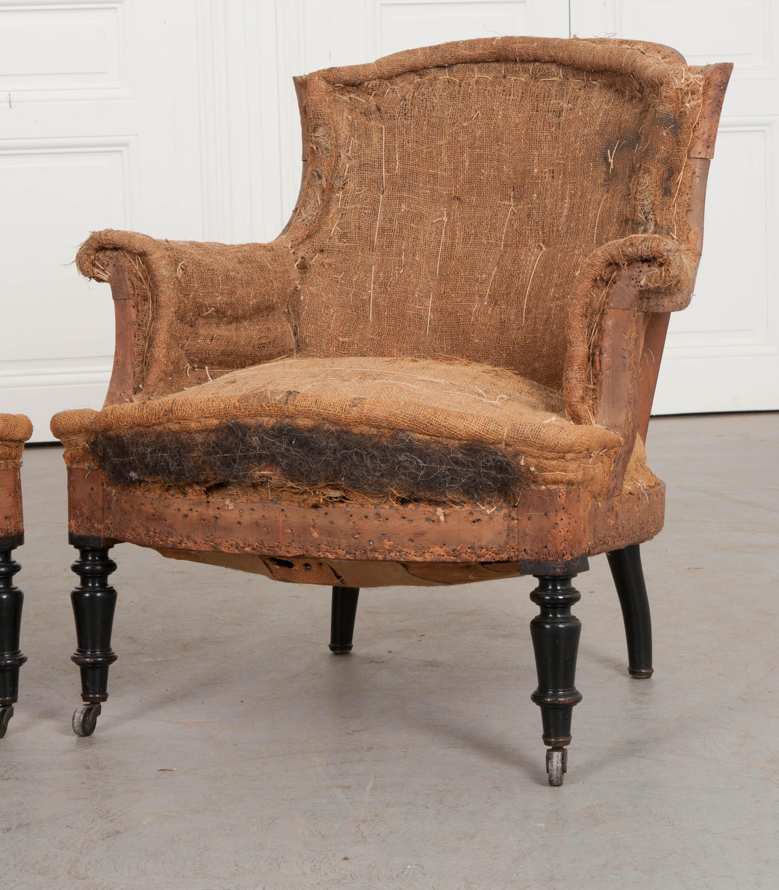 Ebonized Pair of French 19th Century Structured Armchairs