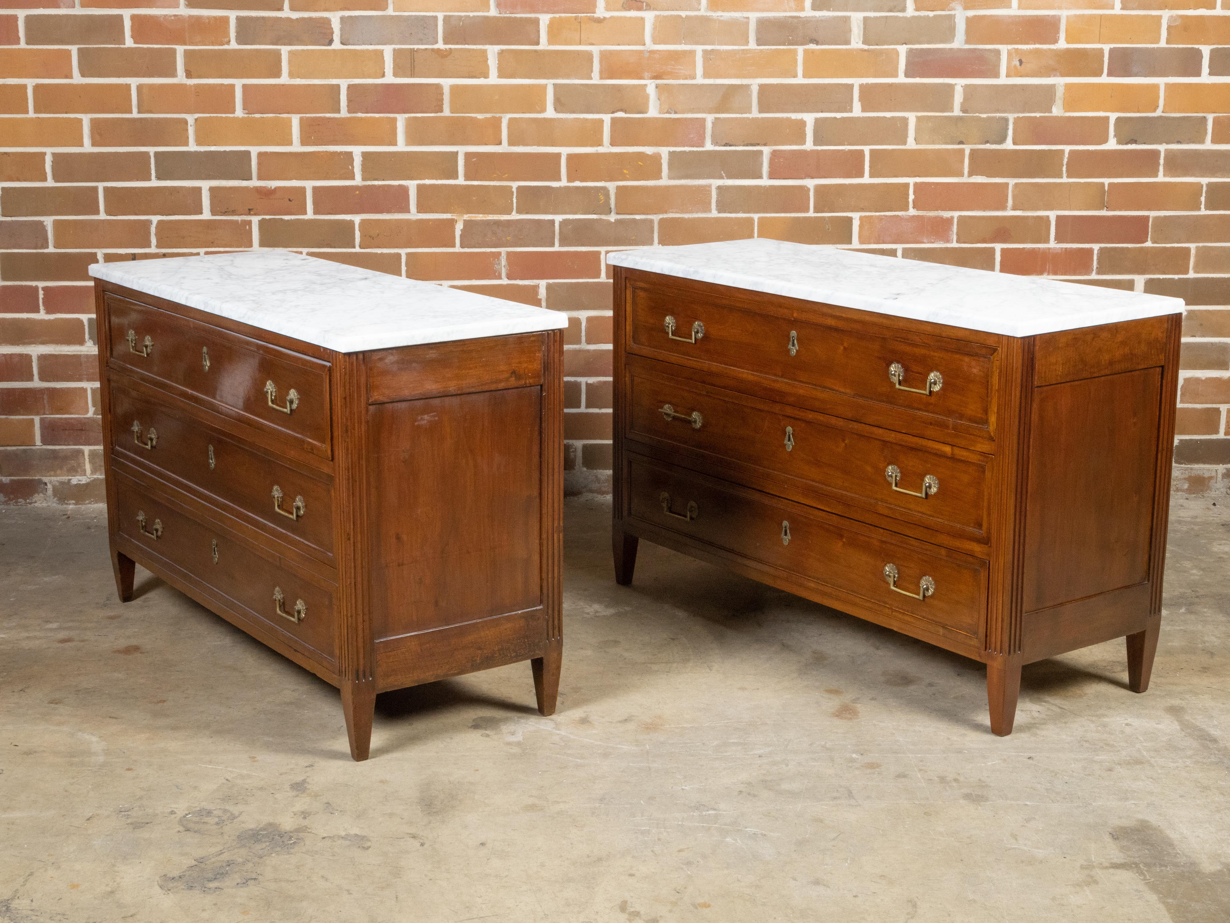 Neoclassical Pair of French 19th Century Three-Drawer Walnut Commodes with White Marble Tops For Sale