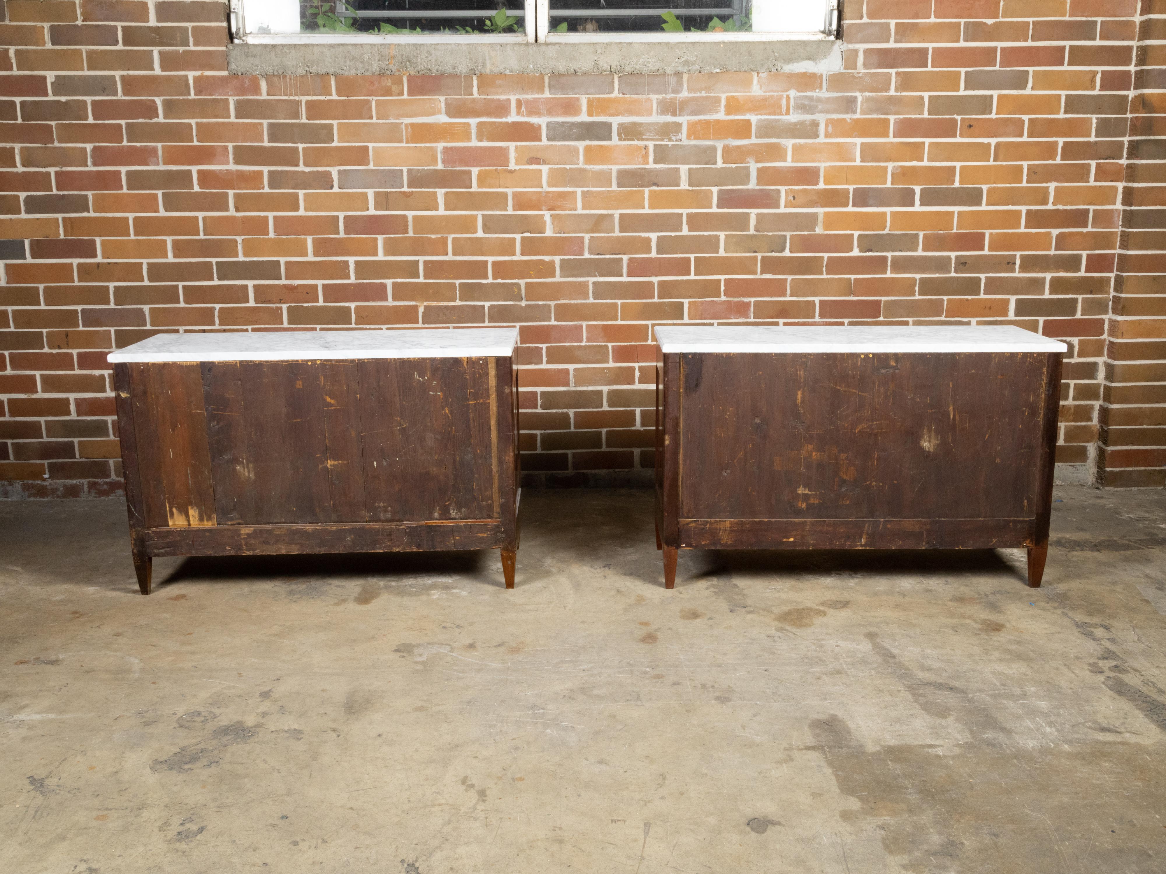 Pair of French 19th Century Three-Drawer Walnut Commodes with White Marble Tops In Good Condition For Sale In Atlanta, GA