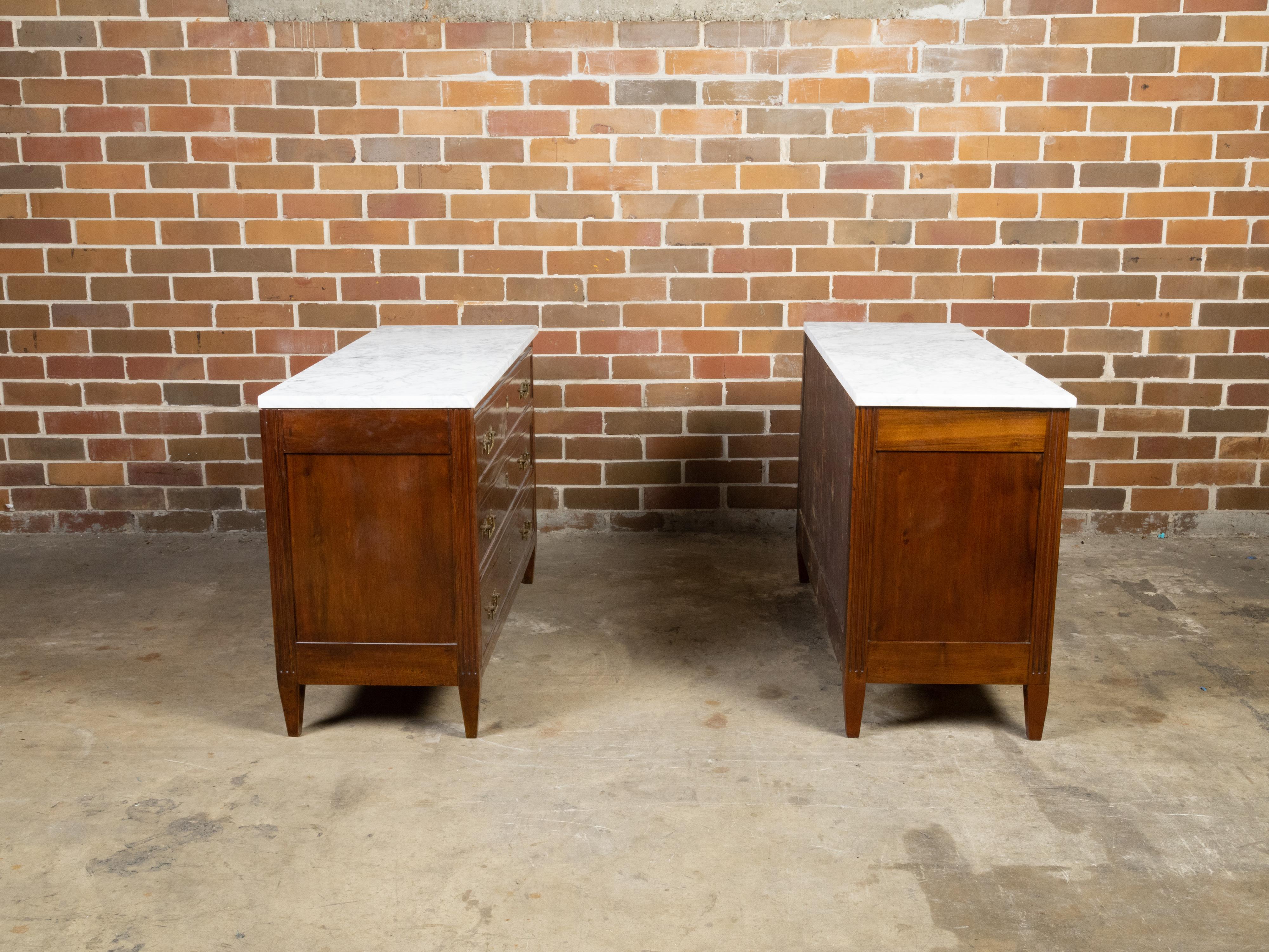 Pair of French 19th Century Three-Drawer Walnut Commodes with White Marble Tops For Sale 1