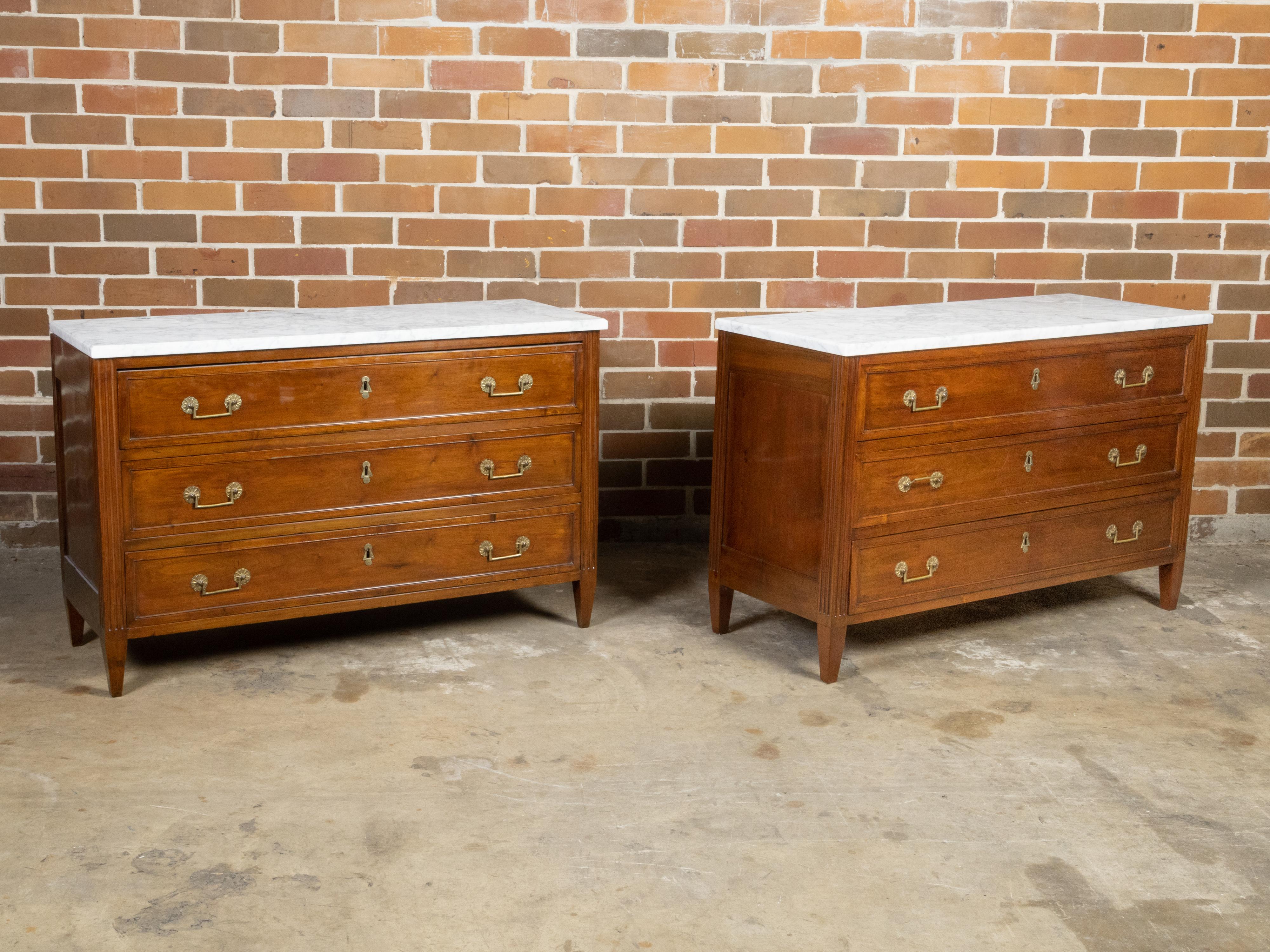 Pair of French 19th Century Three-Drawer Walnut Commodes with White Marble Tops For Sale 2
