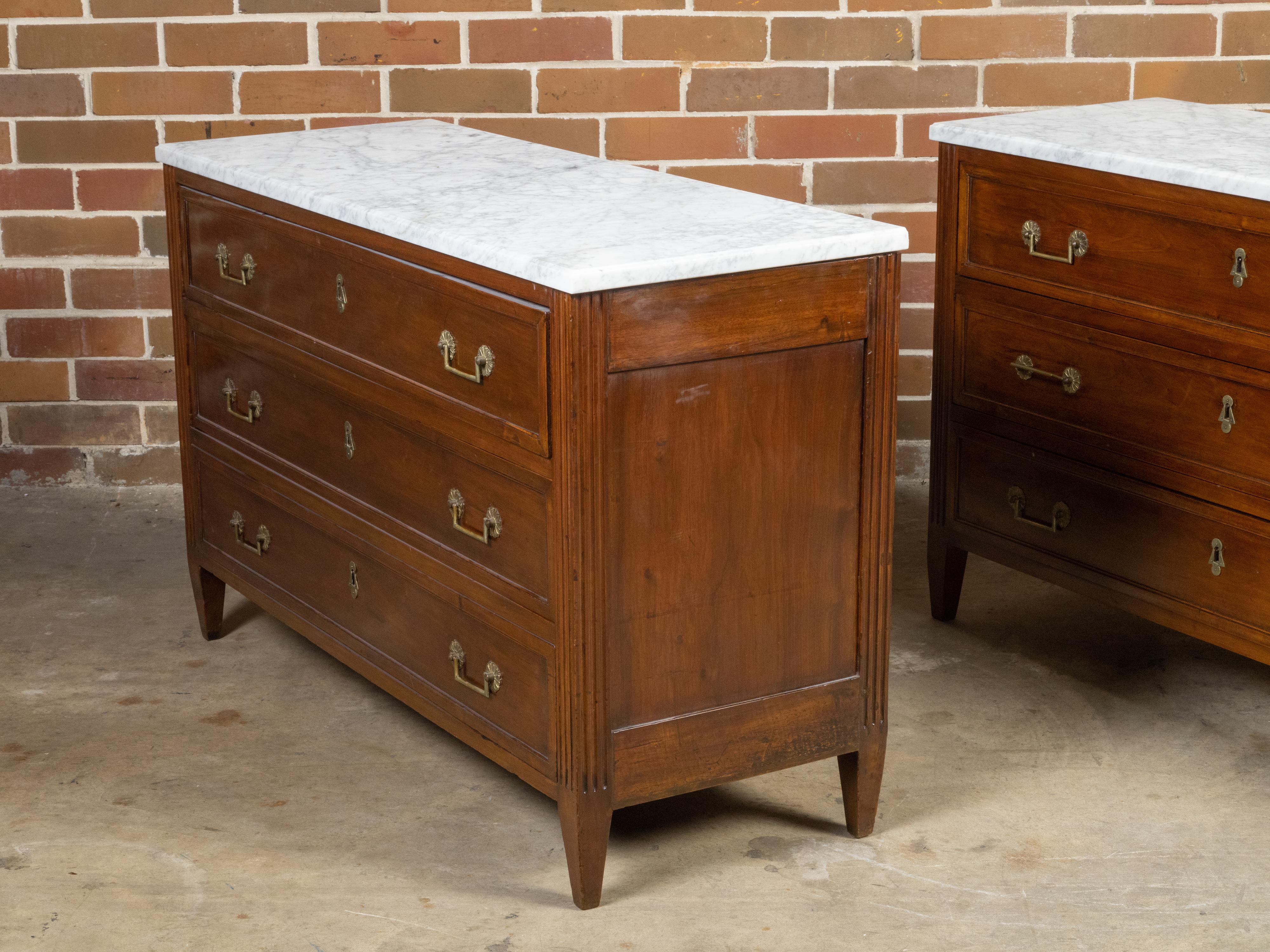 Pair of French 19th Century Three-Drawer Walnut Commodes with White Marble Tops For Sale 3