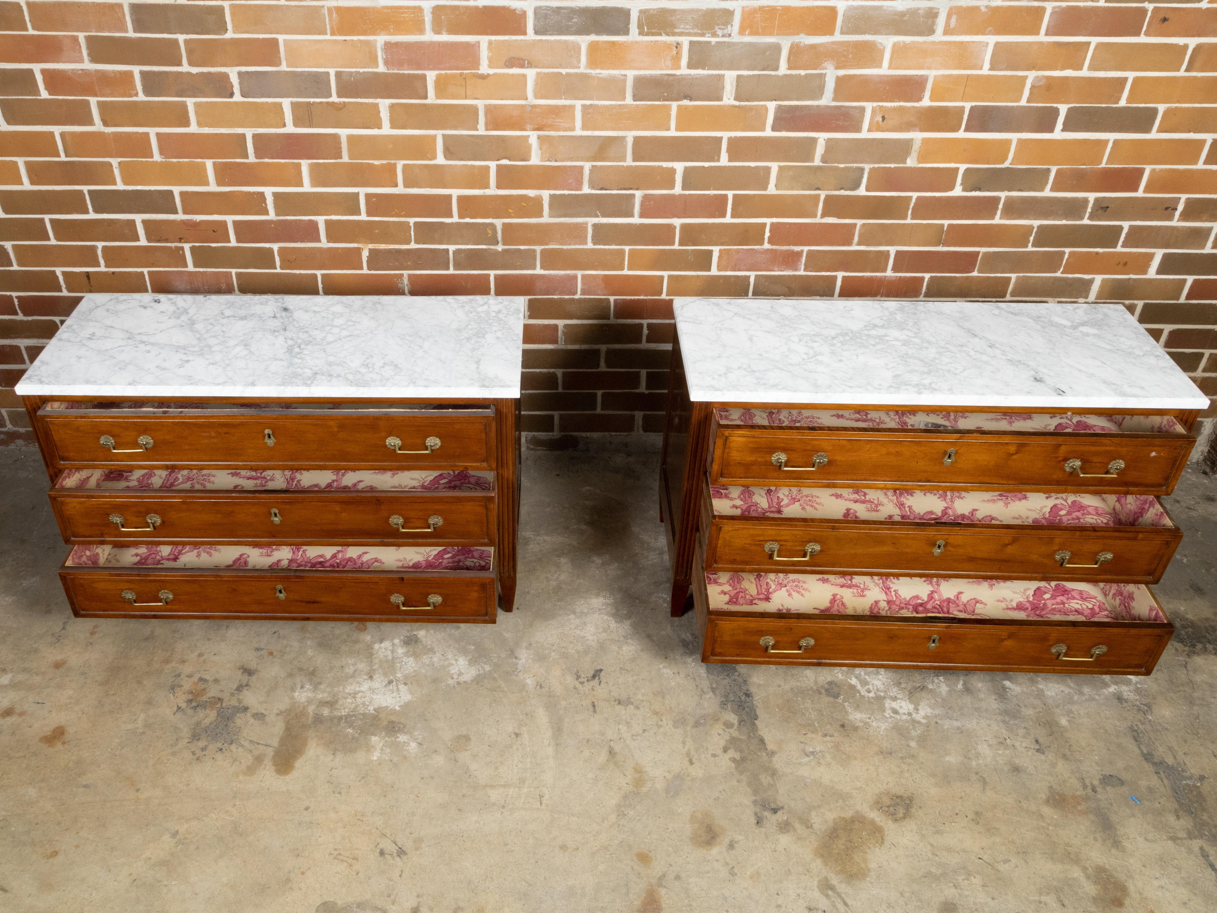 Pair of French 19th Century Three-Drawer Walnut Commodes with White Marble Tops For Sale 4