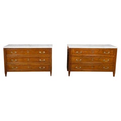 Pair of French 19th Century Three-Drawer Walnut Commodes with White Marble Tops