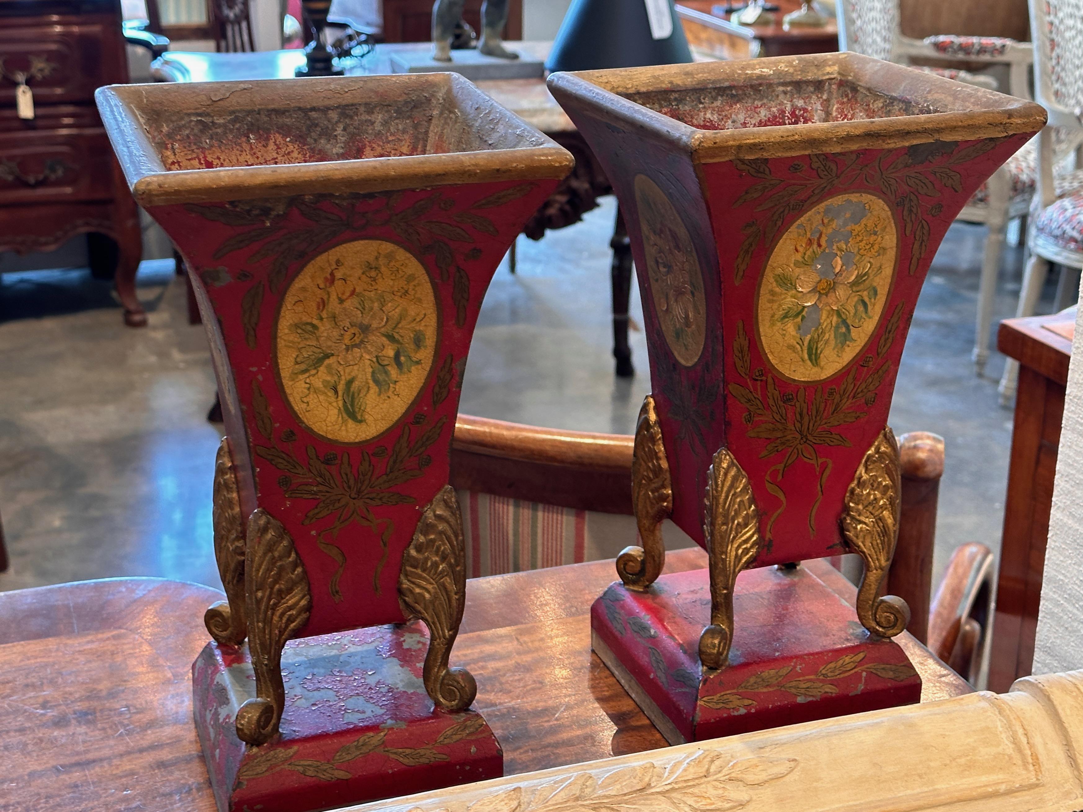 Pair of French 19th Century Tole Urns In Good Condition For Sale In Charlottesville, VA