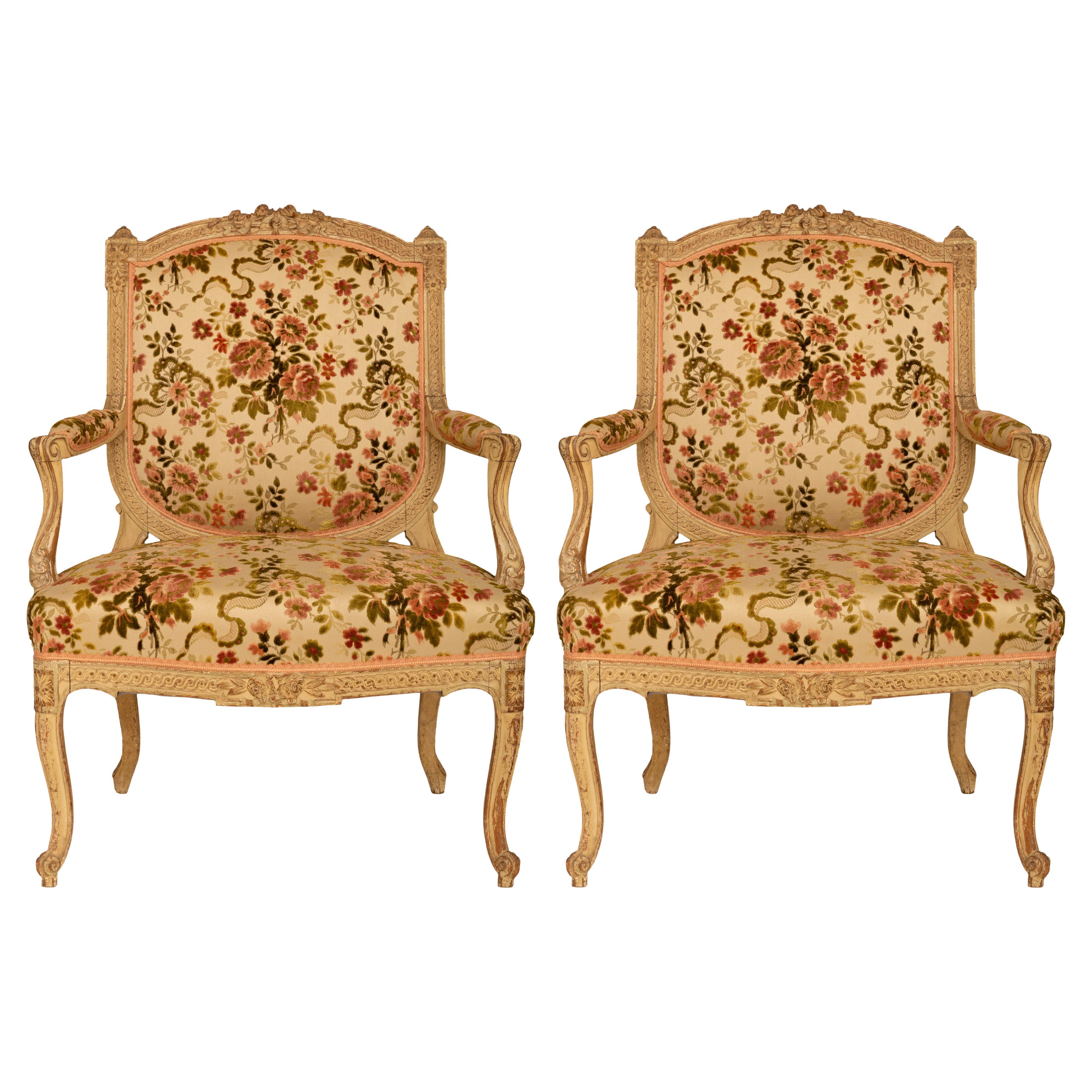 pair of French 19th century Transitional st. patinated wood armchairs For Sale