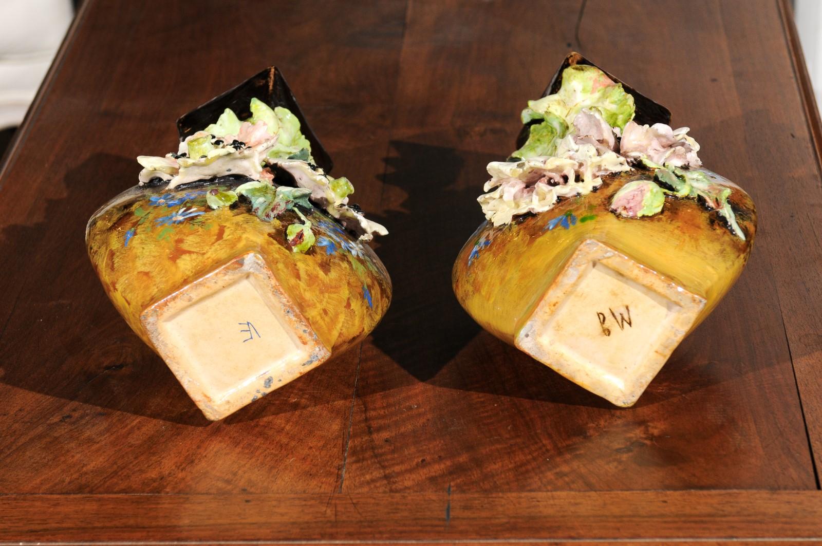 Pair of French 19th Century Vases with Barbotine Décor of Flowers and Leaves 6