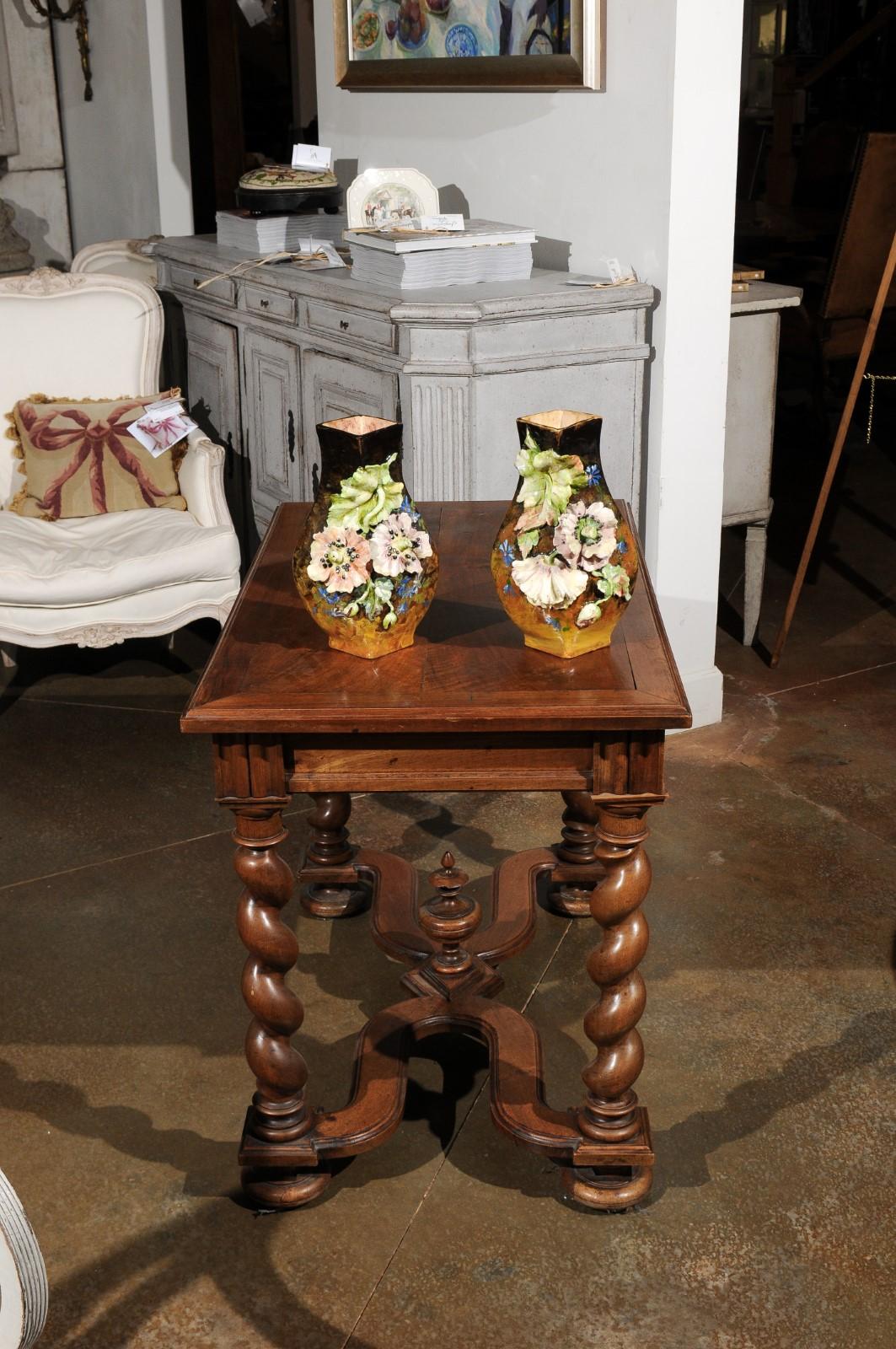 Pair of French 19th Century Vases with Barbotine Décor of Flowers and Leaves In Good Condition For Sale In Atlanta, GA