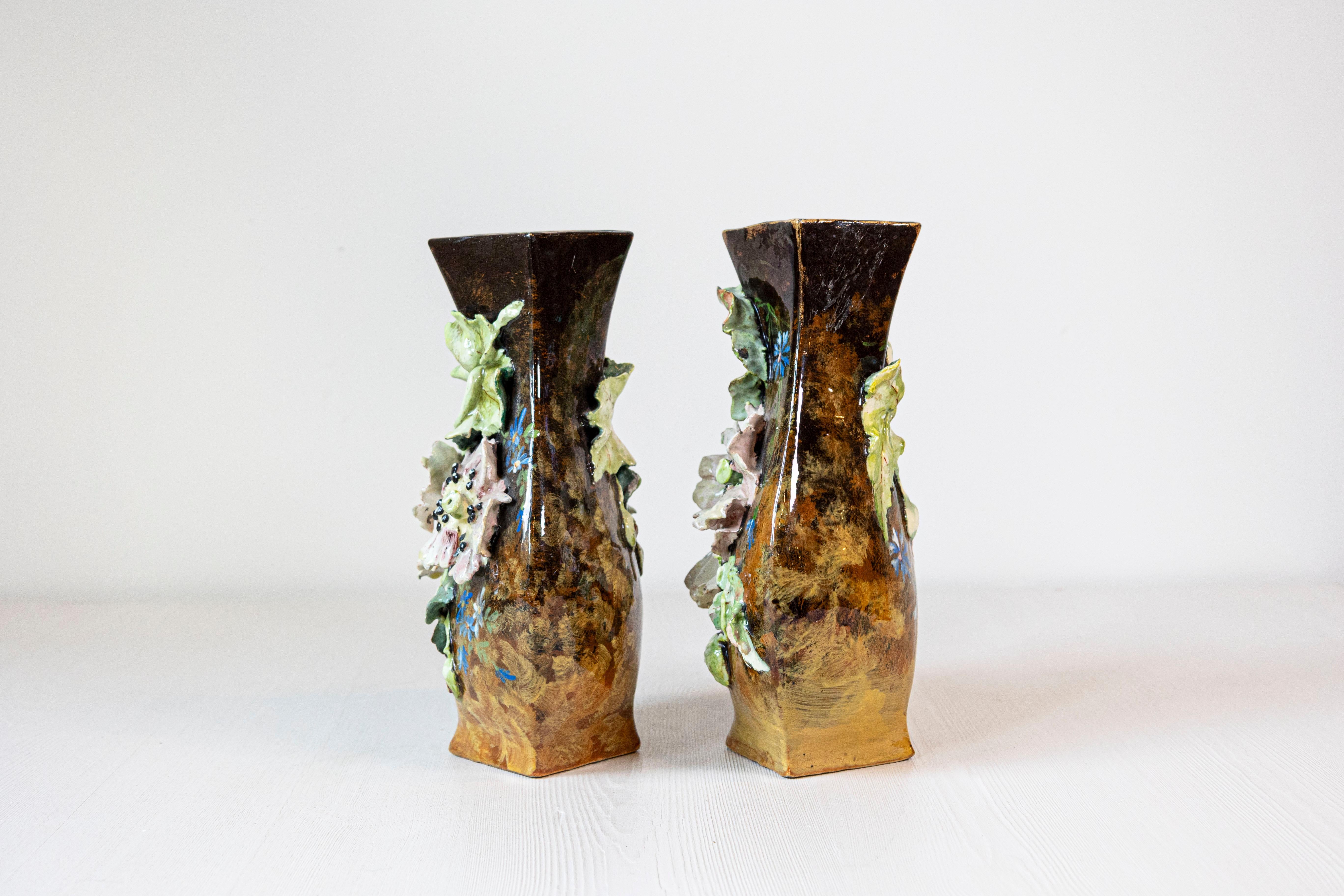 Pair of French 19th Century Vases with Barbotine Décor of Flowers and Leaves In Good Condition In Atlanta, GA