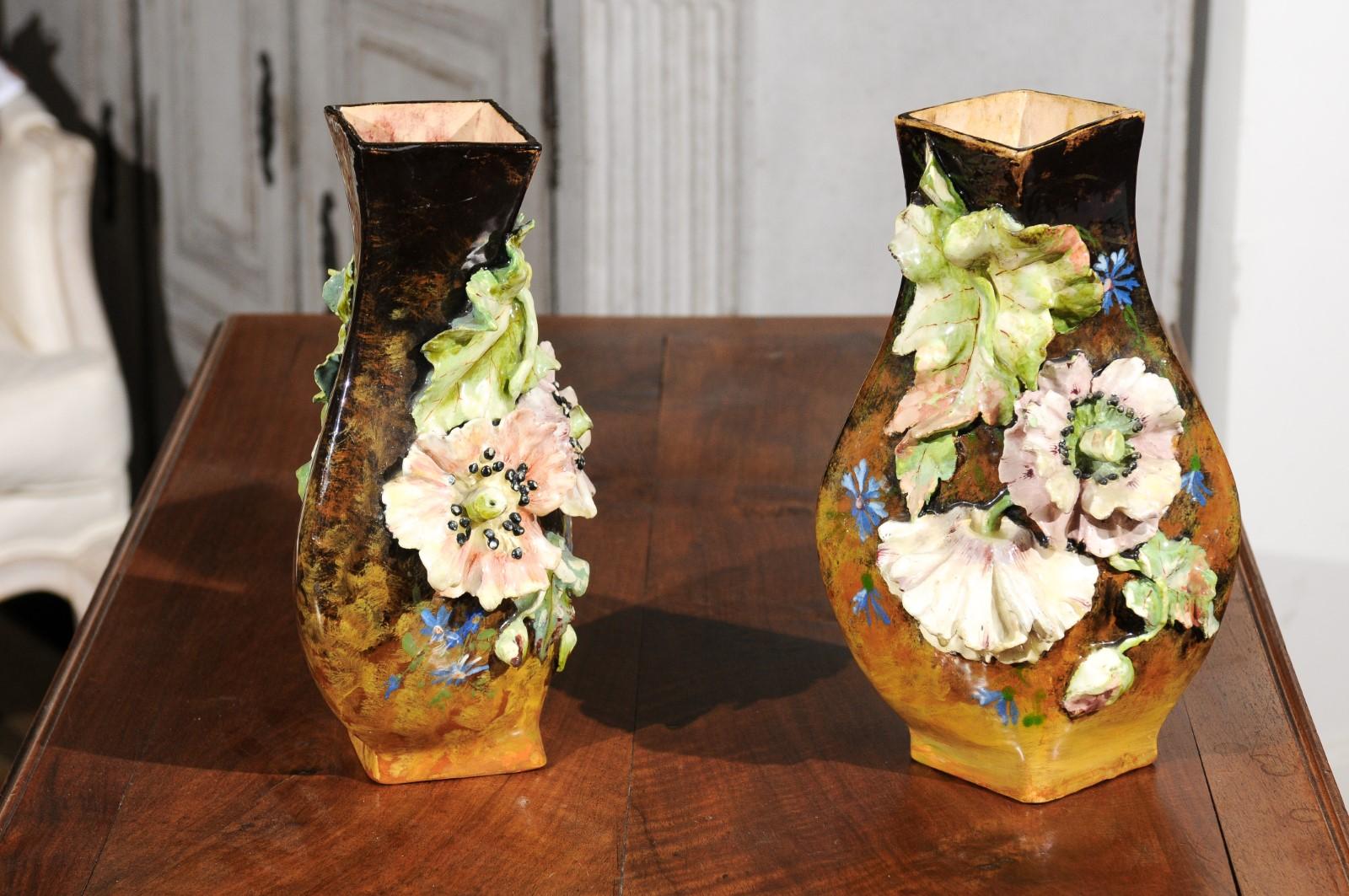 Faience Pair of French 19th Century Vases with Barbotine Décor of Flowers and Leaves For Sale