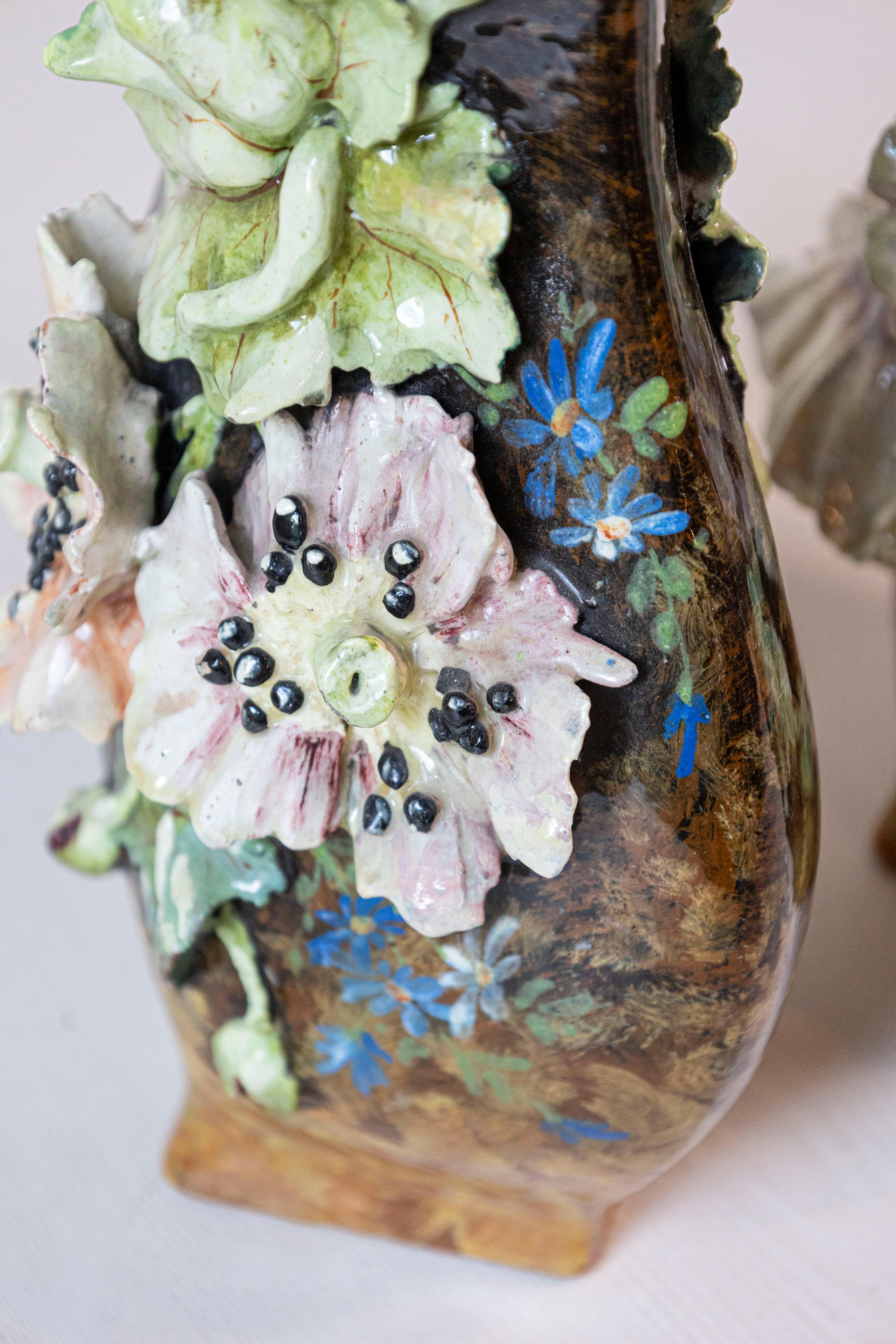 Faience Pair of French 19th Century Vases with Barbotine Décor of Flowers and Leaves