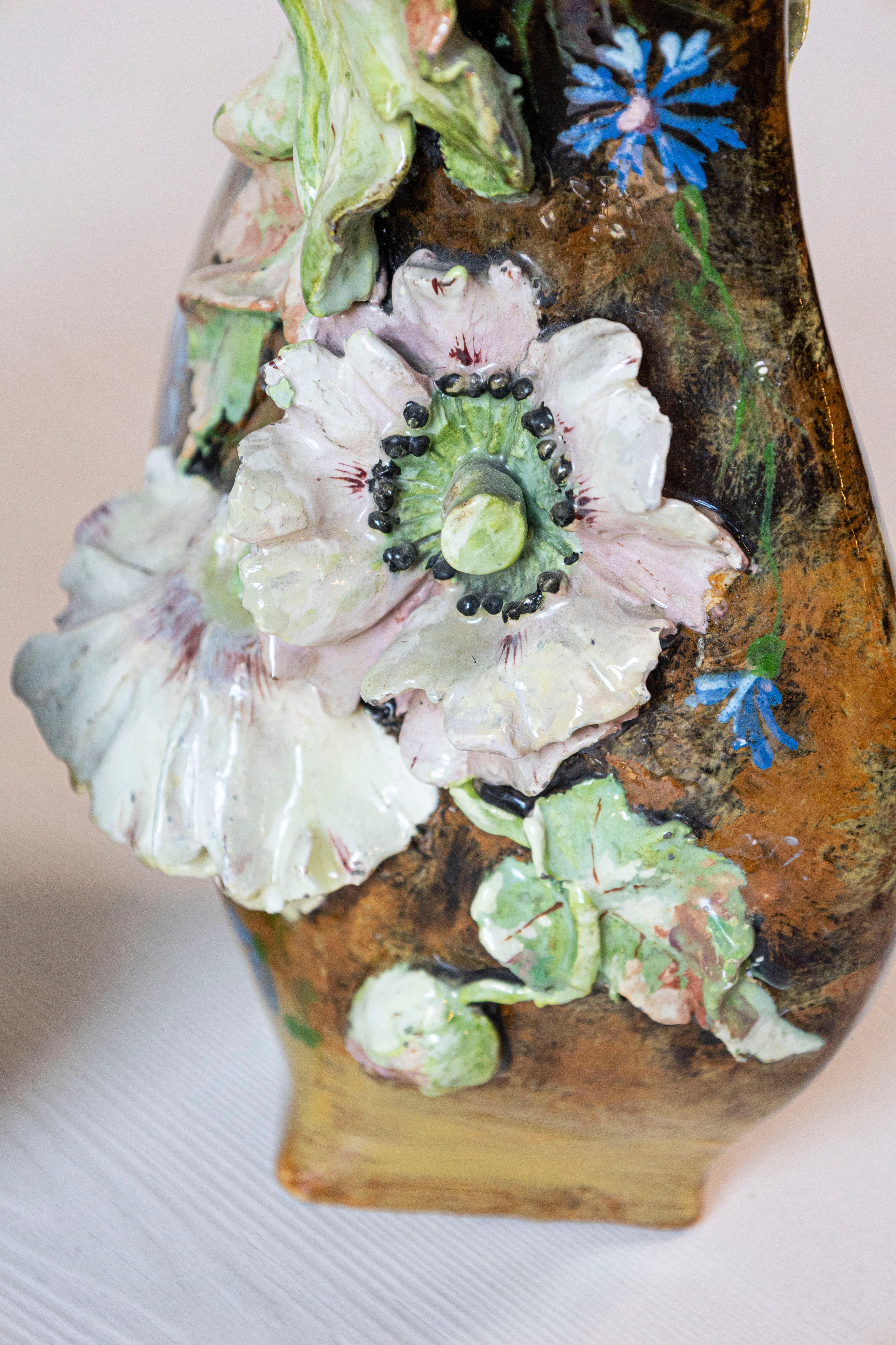 Pair of French 19th Century Vases with Barbotine Décor of Flowers and Leaves 1