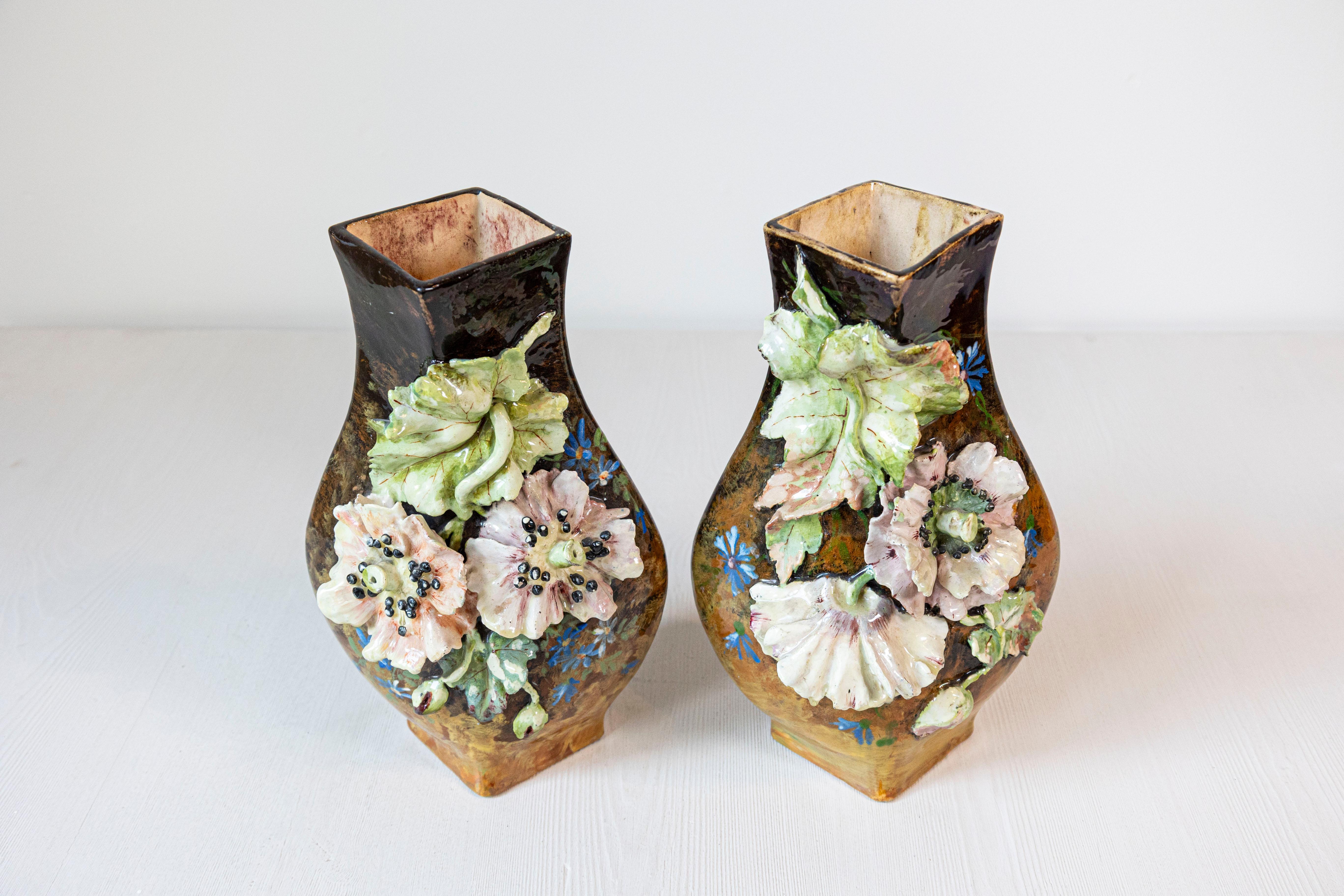 Pair of French 19th Century Vases with Barbotine Décor of Flowers and Leaves 2