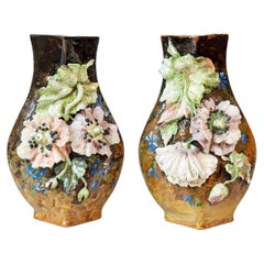 Pair of French 19th Century Vases with Barbotine Décor of Flowers and Leaves