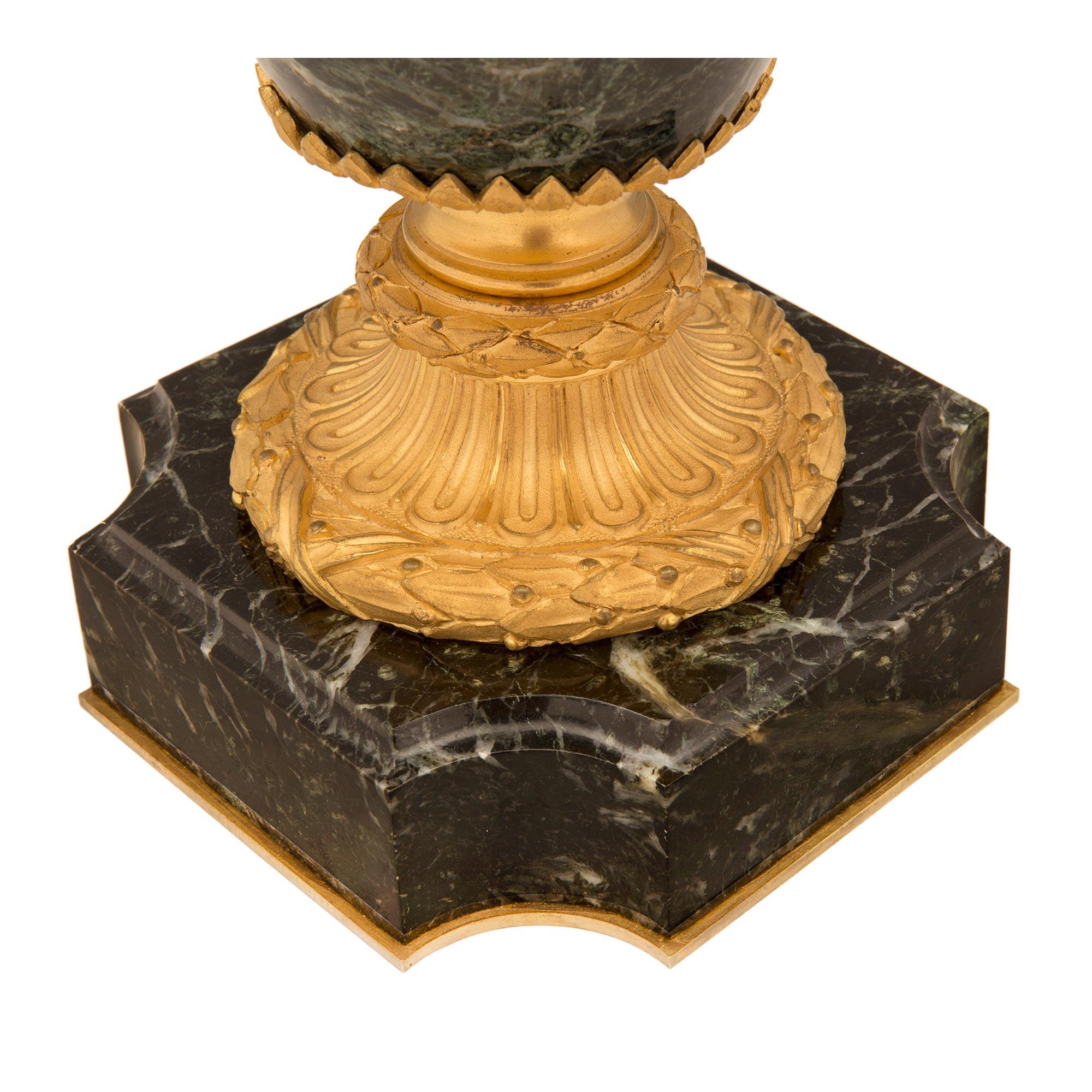 Pair of French 19th Century Vert de Patricia Marble and Ormolu Lidded Urns For Sale 7