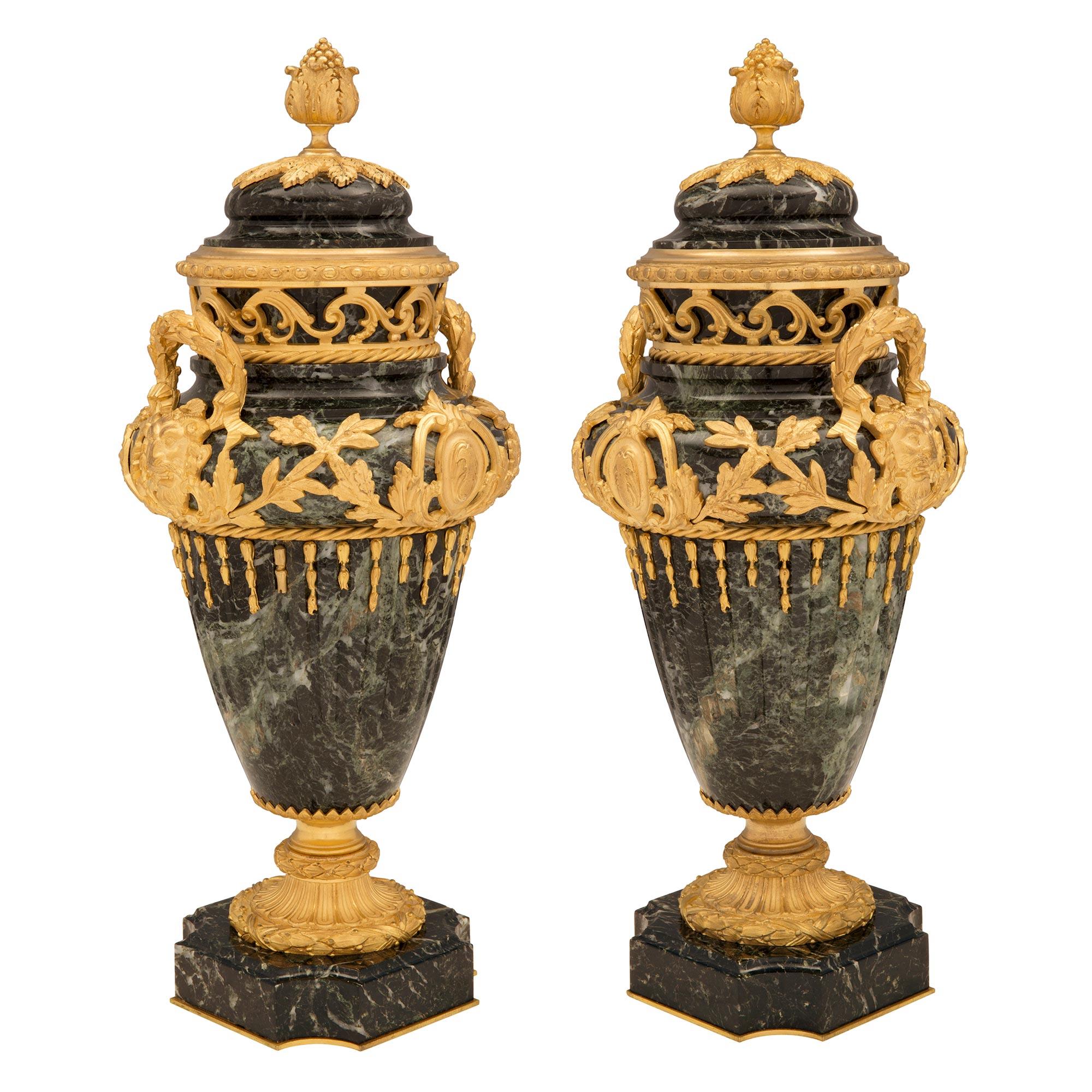 Pair of French 19th Century Vert de Patricia Marble and Ormolu Lidded Urns In Good Condition For Sale In West Palm Beach, FL