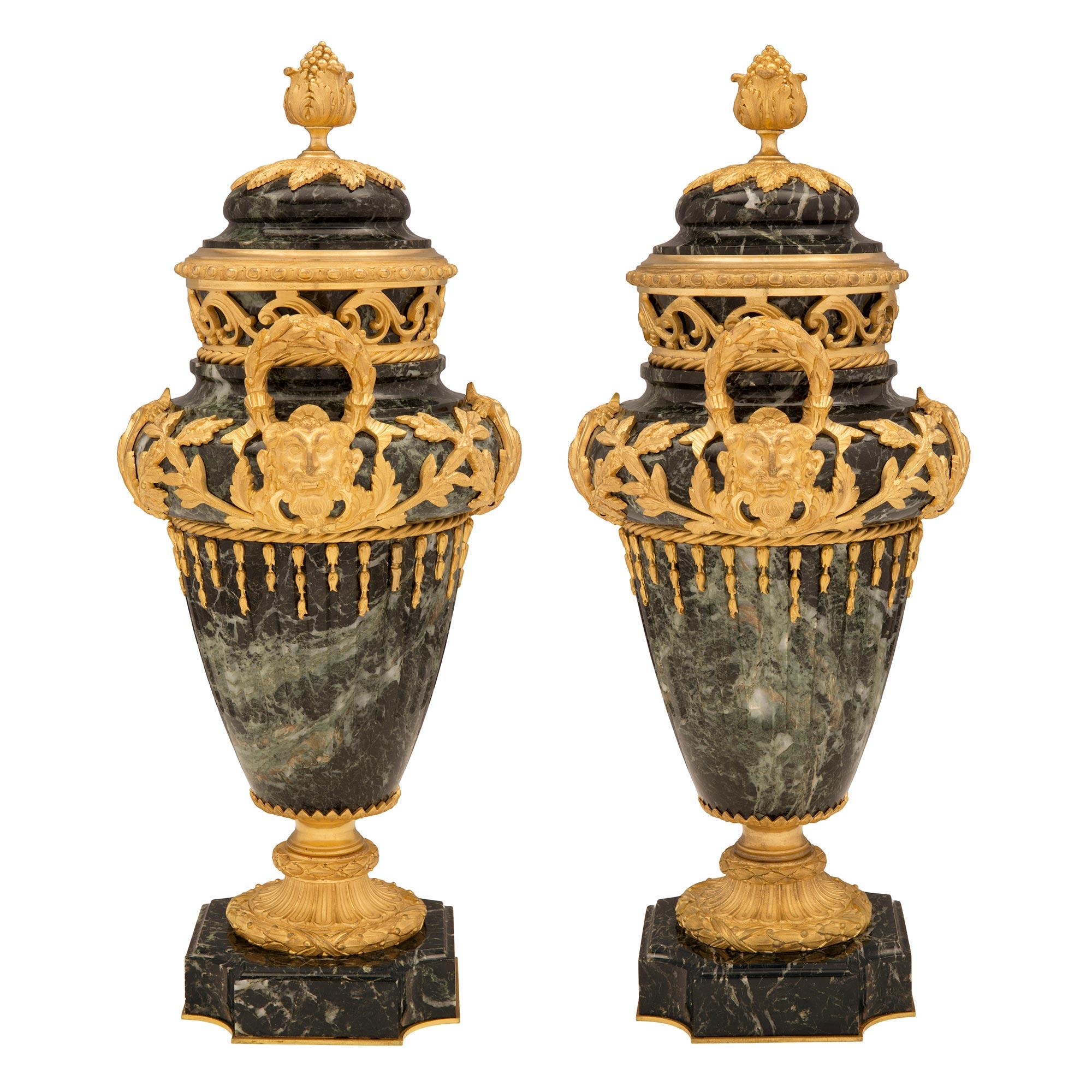 Pair of French 19th Century Vert de Patricia Marble and Ormolu Lidded Urns For Sale 1