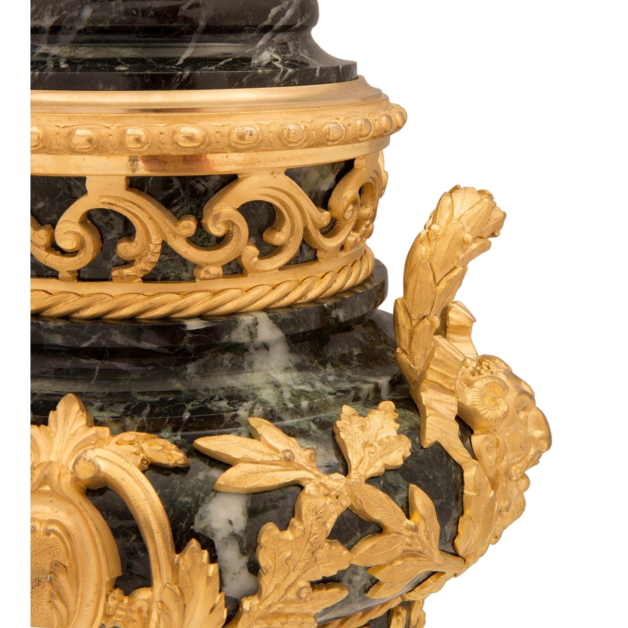 Pair of French 19th Century Vert de Patricia Marble and Ormolu Lidded Urns For Sale 6