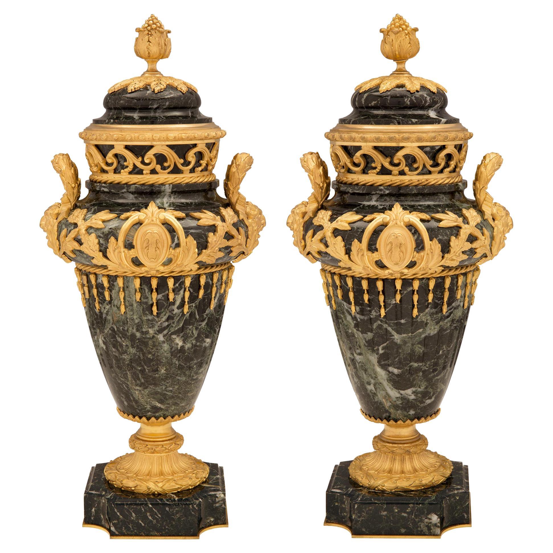Pair of French 19th Century Vert de Patricia Marble and Ormolu Lidded Urns For Sale