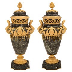 Pair of French 19th Century Vert de Patricia Marble and Ormolu Lidded Urns